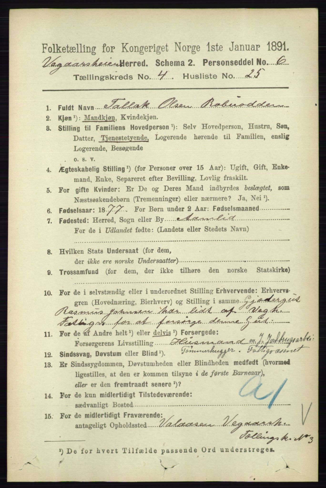 RA, 1891 census for 0912 Vegårshei, 1891, p. 933