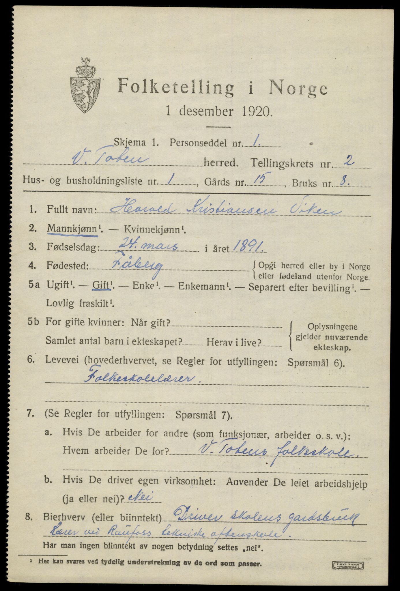 SAH, 1920 census for Vestre Toten, 1920, p. 3442