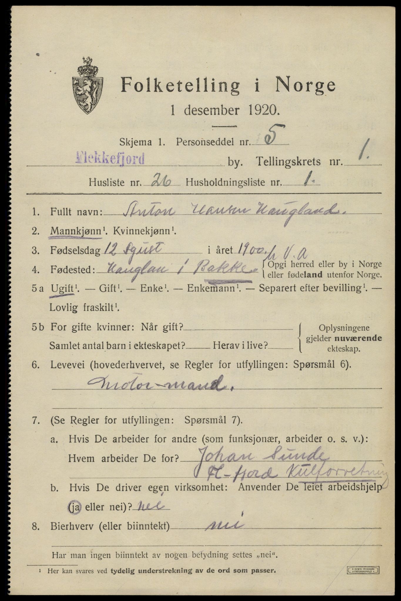SAK, 1920 census for Flekkefjord, 1920, p. 2104
