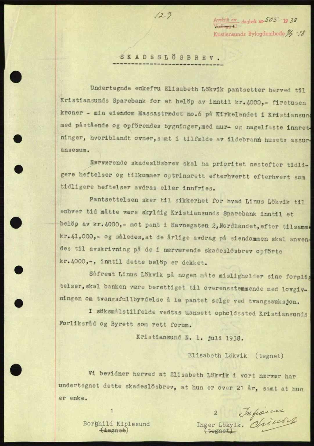 Kristiansund byfogd, SAT/A-4587/A/27: Mortgage book no. 31, 1938-1939, Diary no: : 505/1938