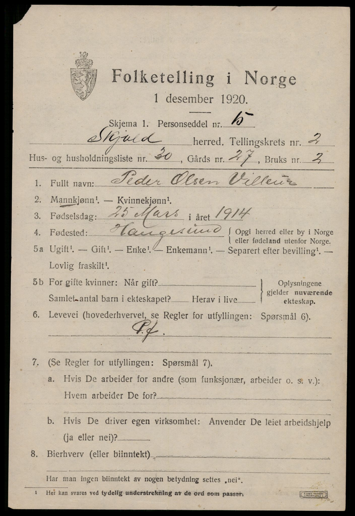 SAST, 1920 census for Skjold, 1920, p. 2000