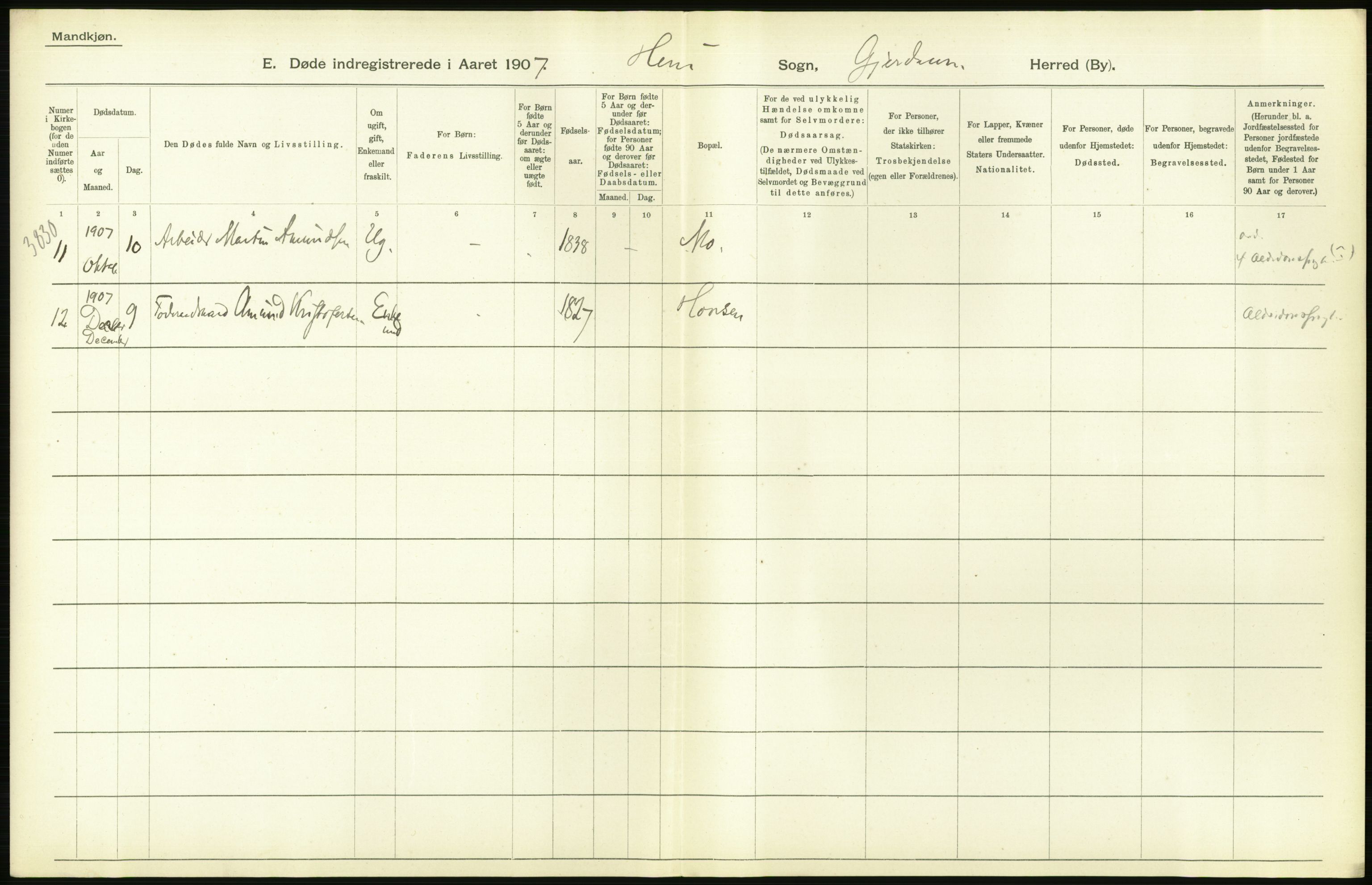 Statistisk sentralbyrå, Sosiodemografiske emner, Befolkning, RA/S-2228/D/Df/Dfa/Dfae/L0005: Akershus amt: Gifte, døde. Bygder og byer., 1907, p. 190