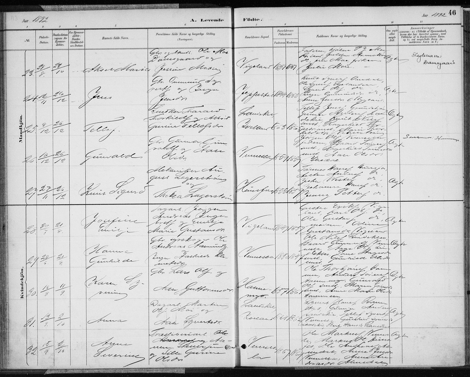 Vennesla sokneprestkontor, AV/SAK-1111-0045/Fa/Fab/L0004: Parish register (official) no. A 4, 1884-1896, p. 46