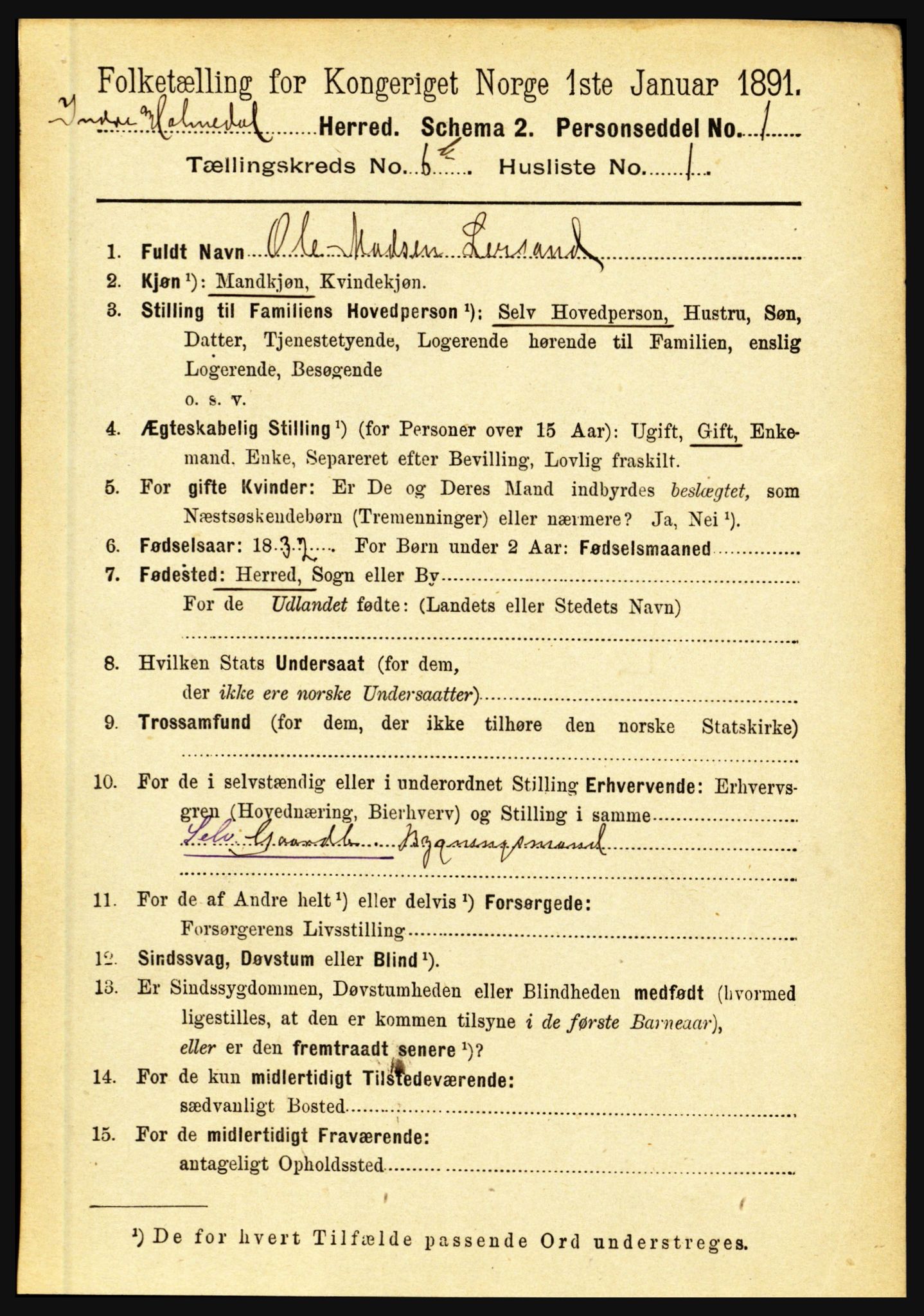 RA, 1891 census for 1430 Indre Holmedal, 1891, p. 2865