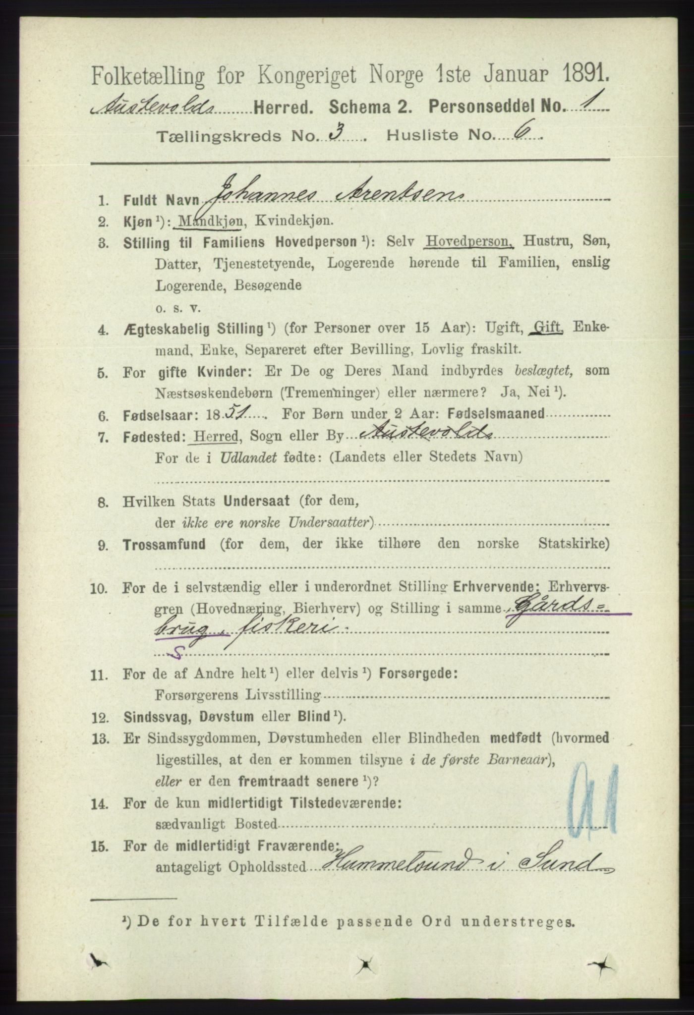 RA, 1891 census for 1244 Austevoll, 1891, p. 987