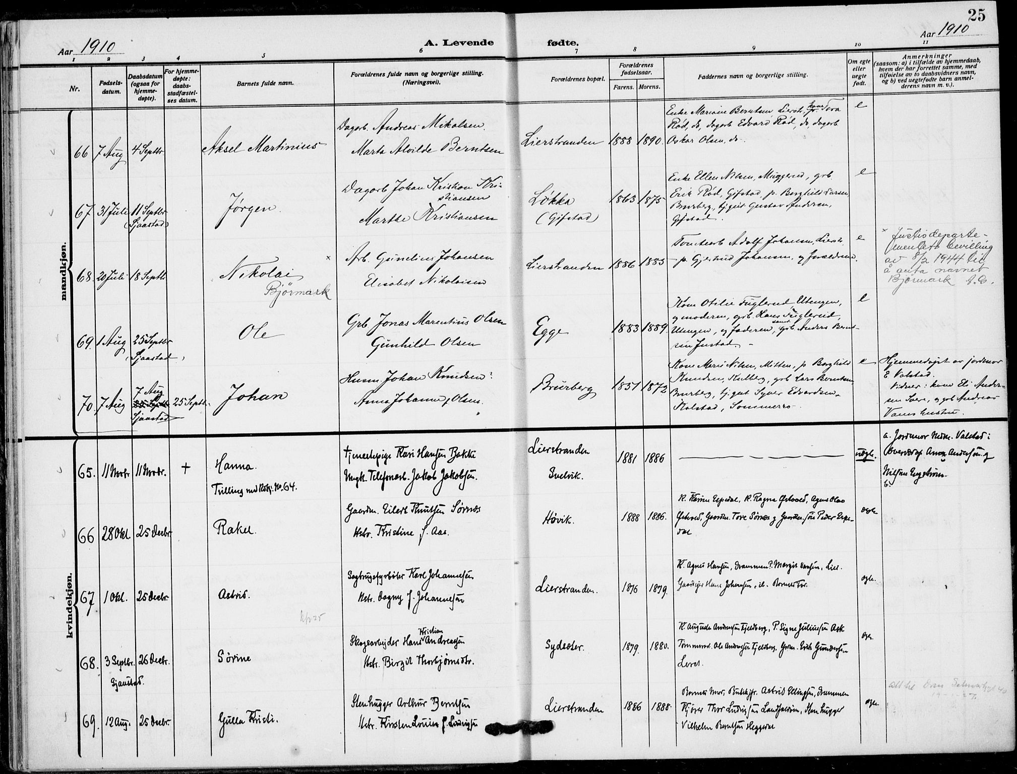 Lier kirkebøker, AV/SAKO-A-230/F/Fa/L0018: Parish register (official) no. I 18, 1909-1917, p. 25