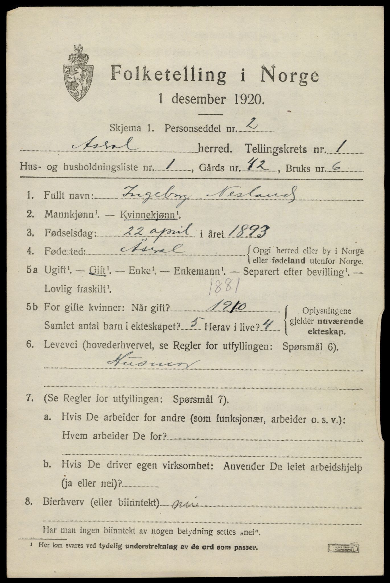 SAK, 1920 census for Åseral, 1920, p. 518