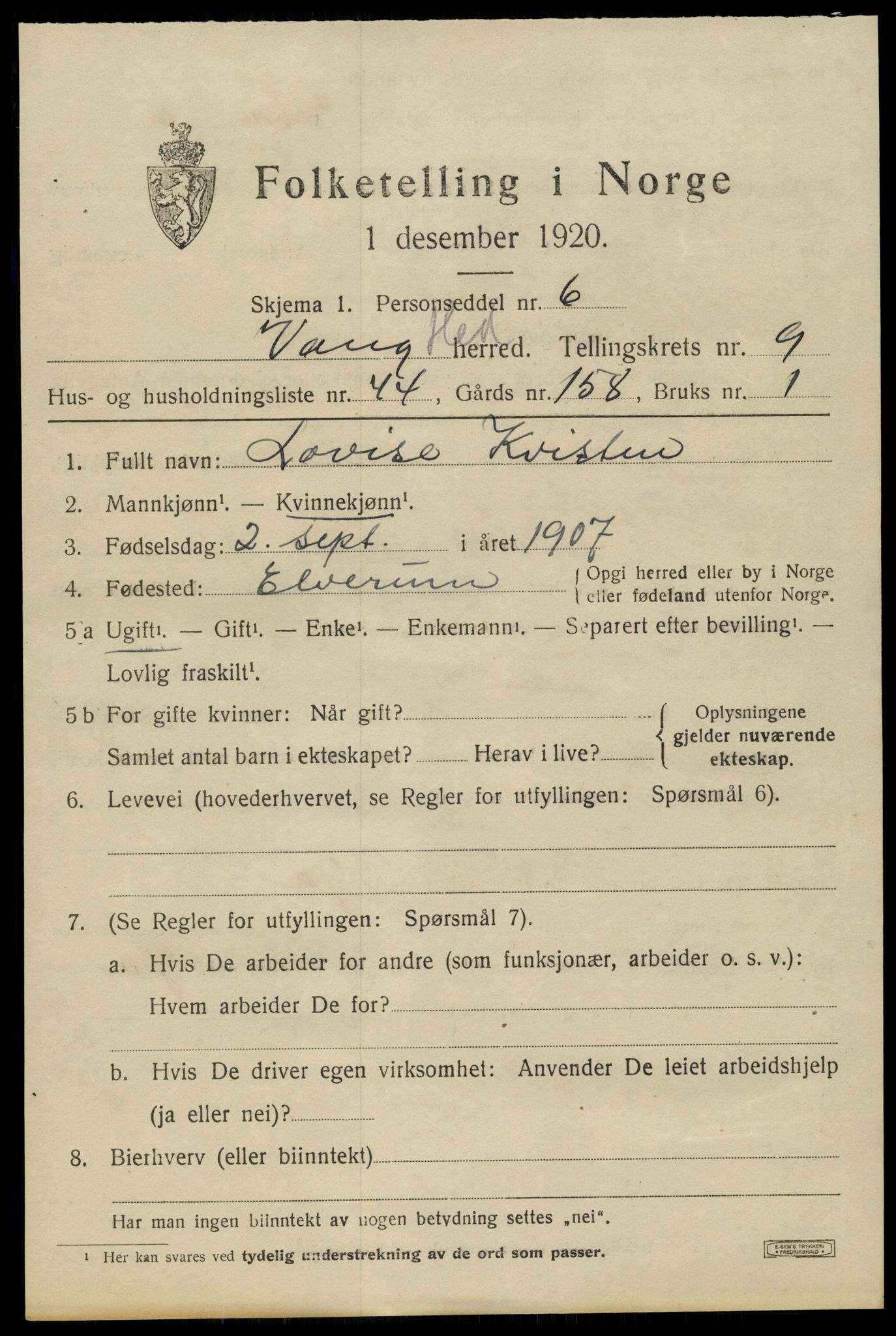 SAH, 1920 census for Vang (Hedmark), 1920, p. 18629