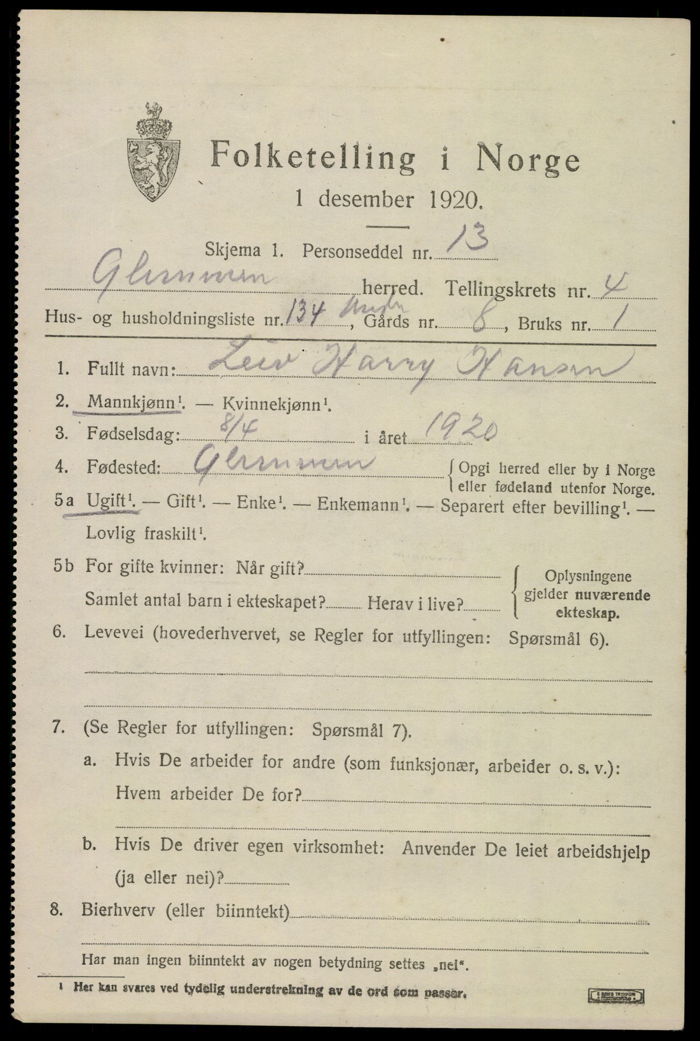 SAO, 1920 census for Glemmen, 1920, p. 14999