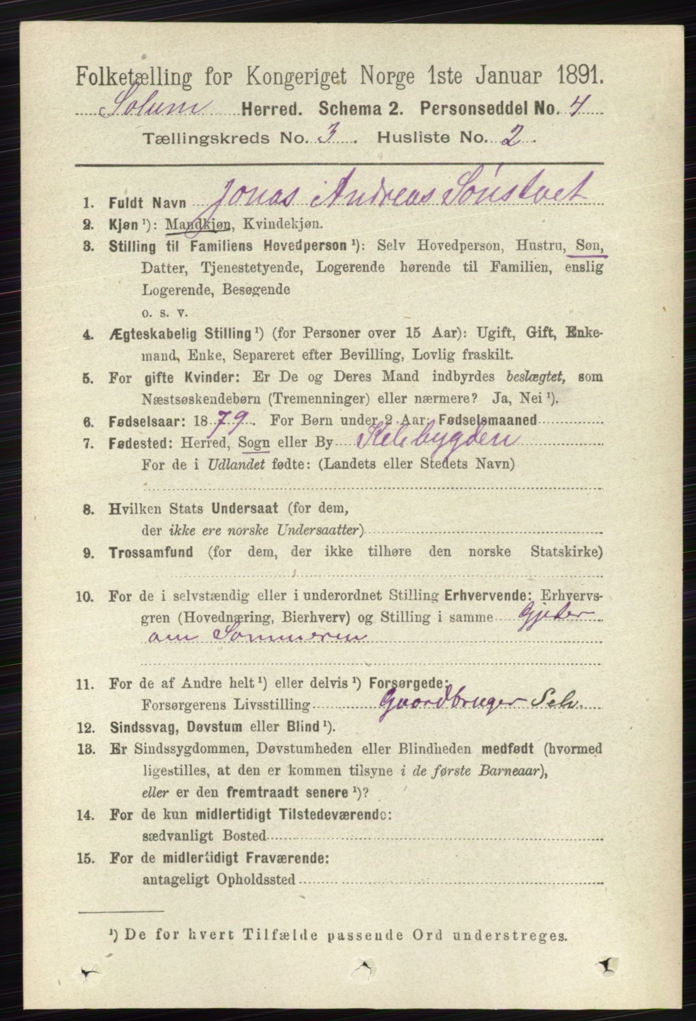 RA, 1891 census for 0818 Solum, 1891, p. 355