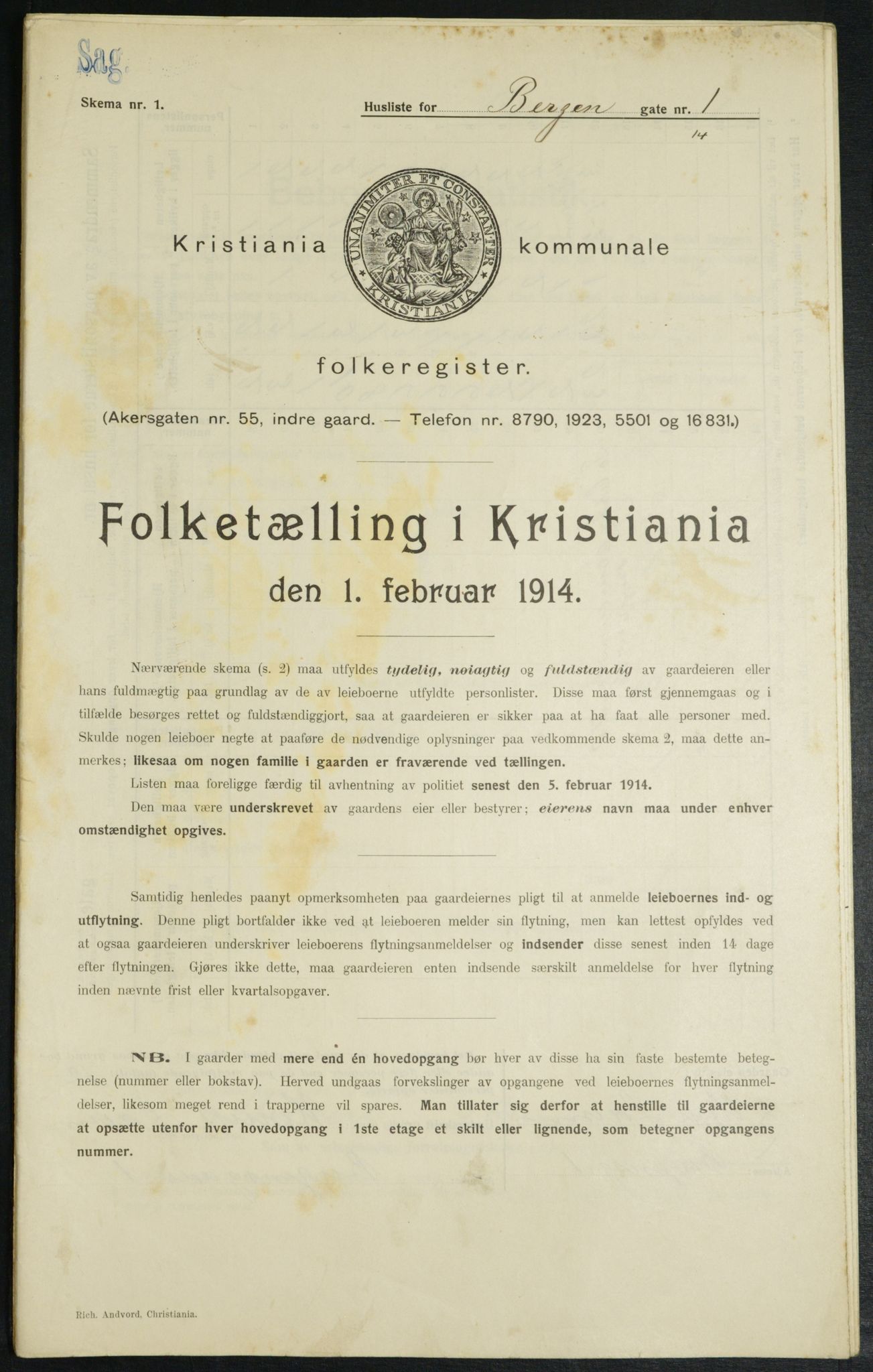 OBA, Municipal Census 1914 for Kristiania, 1914, p. 3694