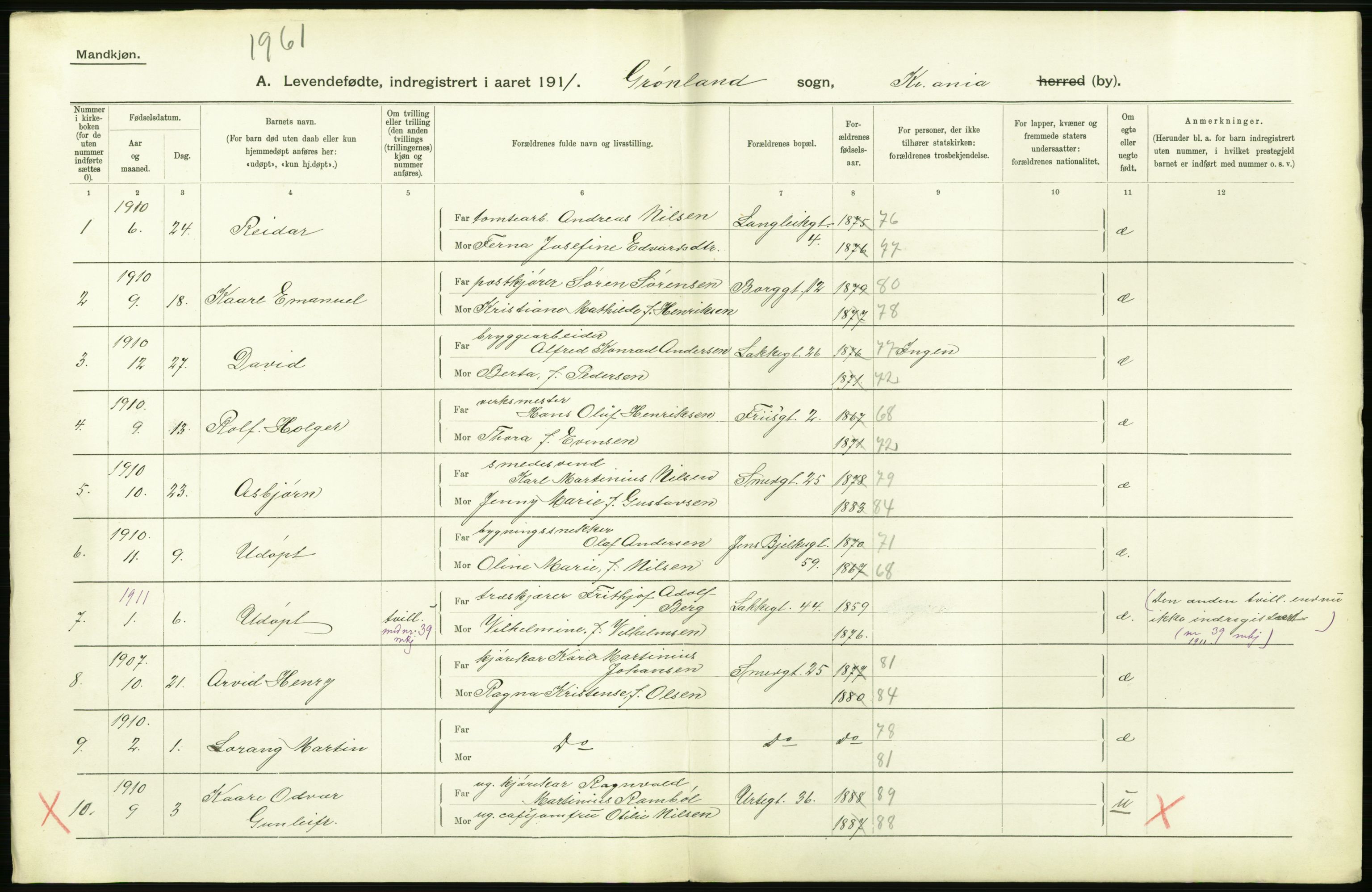 Statistisk sentralbyrå, Sosiodemografiske emner, Befolkning, AV/RA-S-2228/D/Df/Dfb/Dfba/L0006: Kristiania: Levendefødte menn., 1911, p. 384