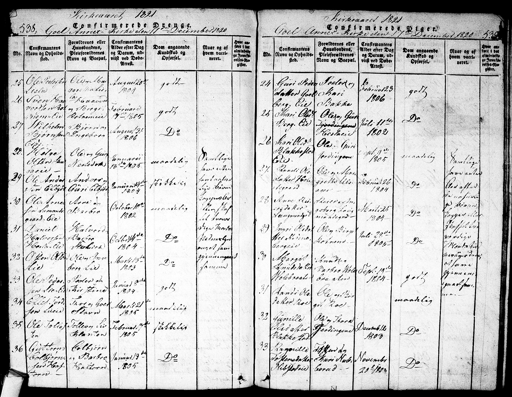 Nes kirkebøker, AV/SAKO-A-236/F/Fa/L0007: Parish register (official) no. 7, 1815-1823, p. 538-539