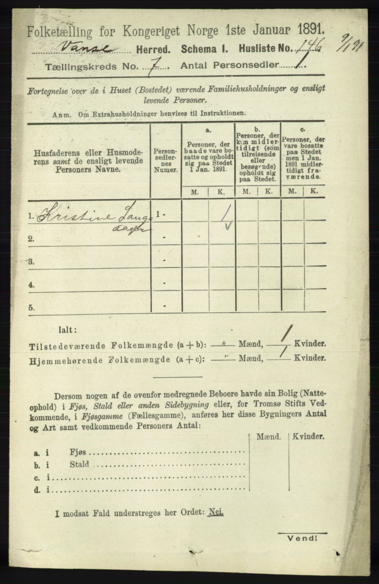 RA, 1891 census for 1041 Vanse, 1891, p. 4086