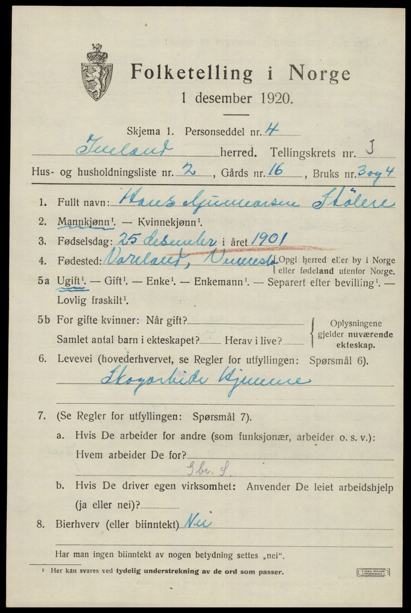 SAK, 1920 census for Iveland, 1920, p. 953