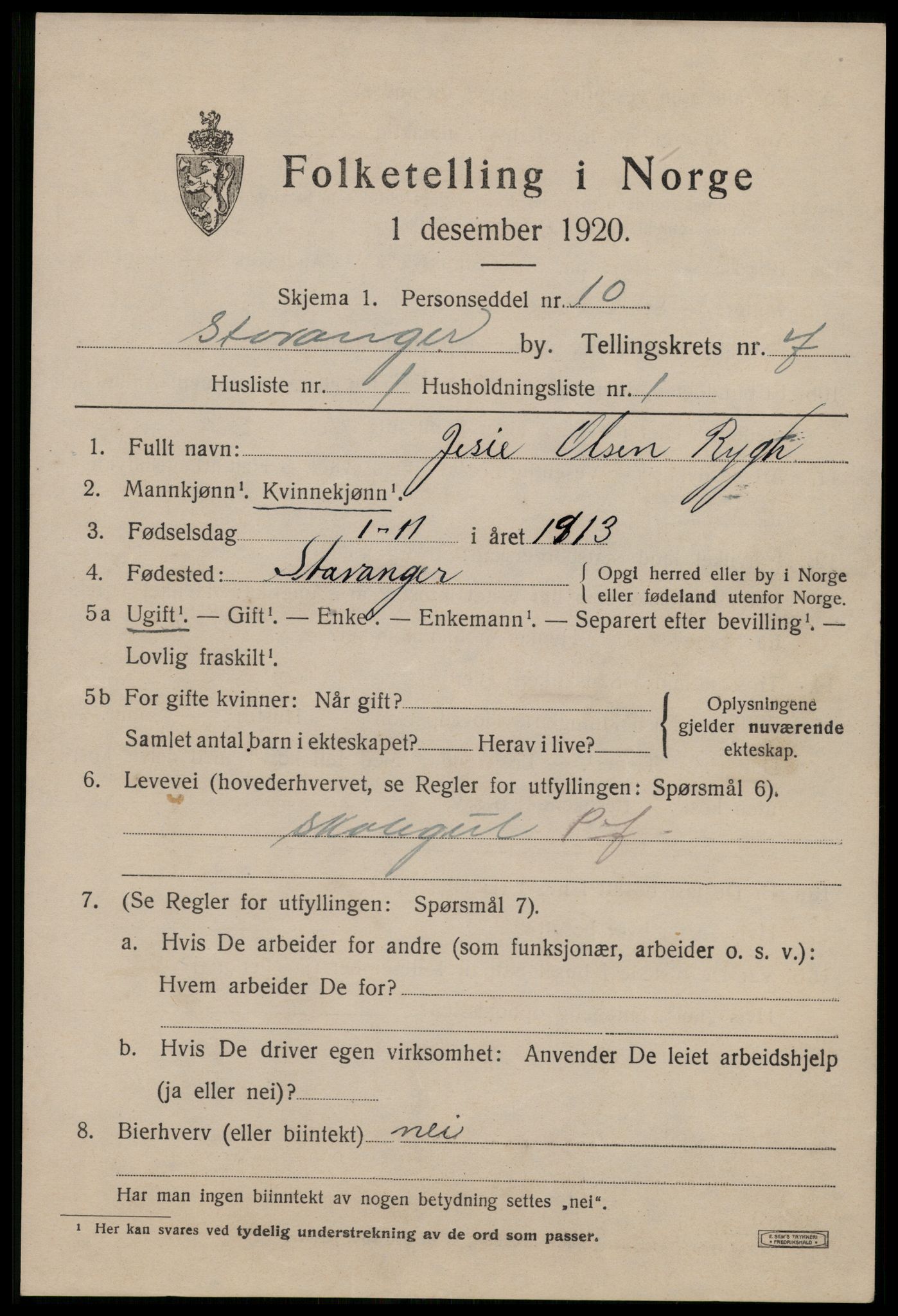 SAST, 1920 census for Stavanger, 1920, p. 44806