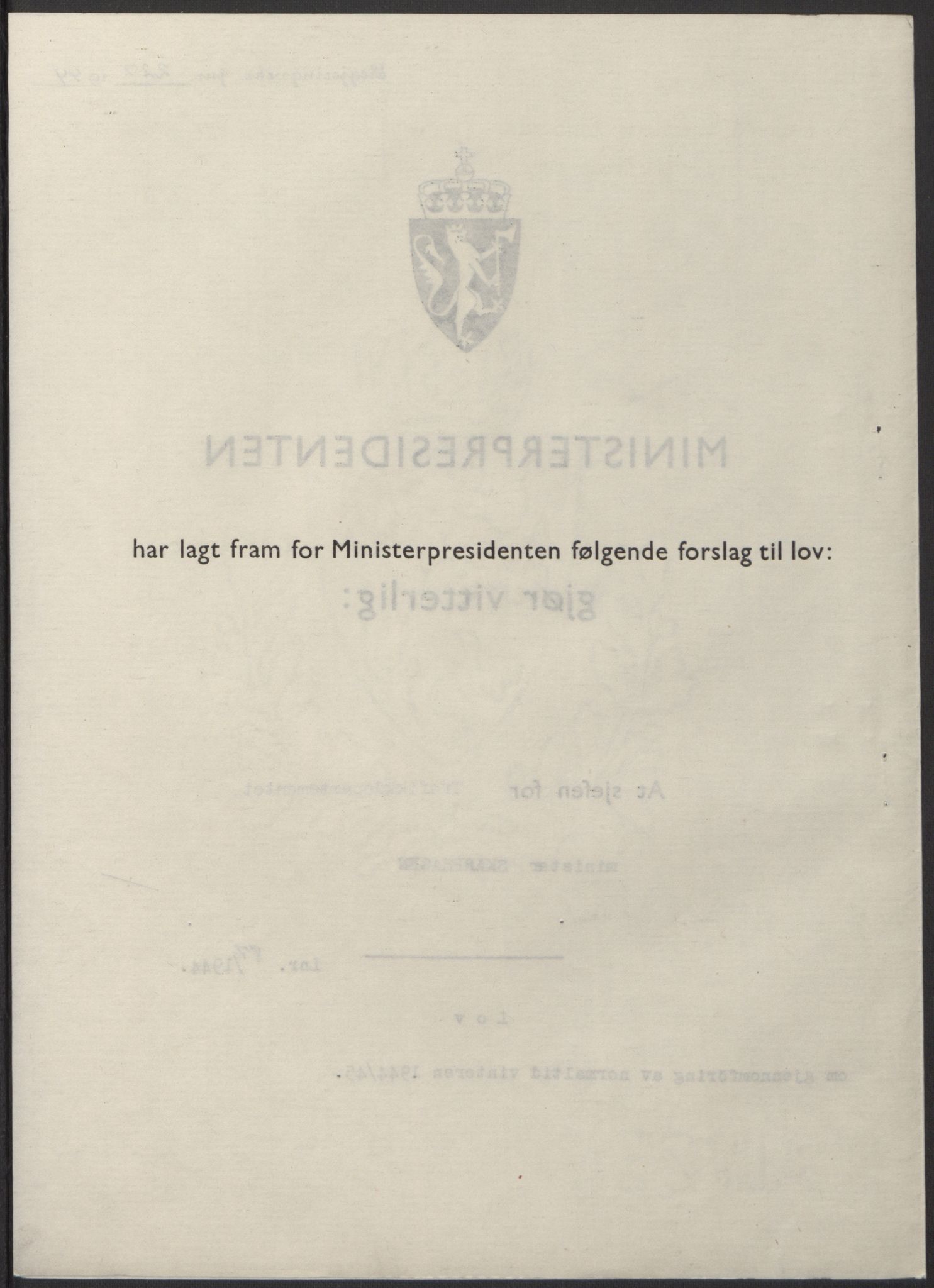 NS-administrasjonen 1940-1945 (Statsrådsekretariatet, de kommisariske statsråder mm), AV/RA-S-4279/D/Db/L0100: Lover, 1944, p. 412