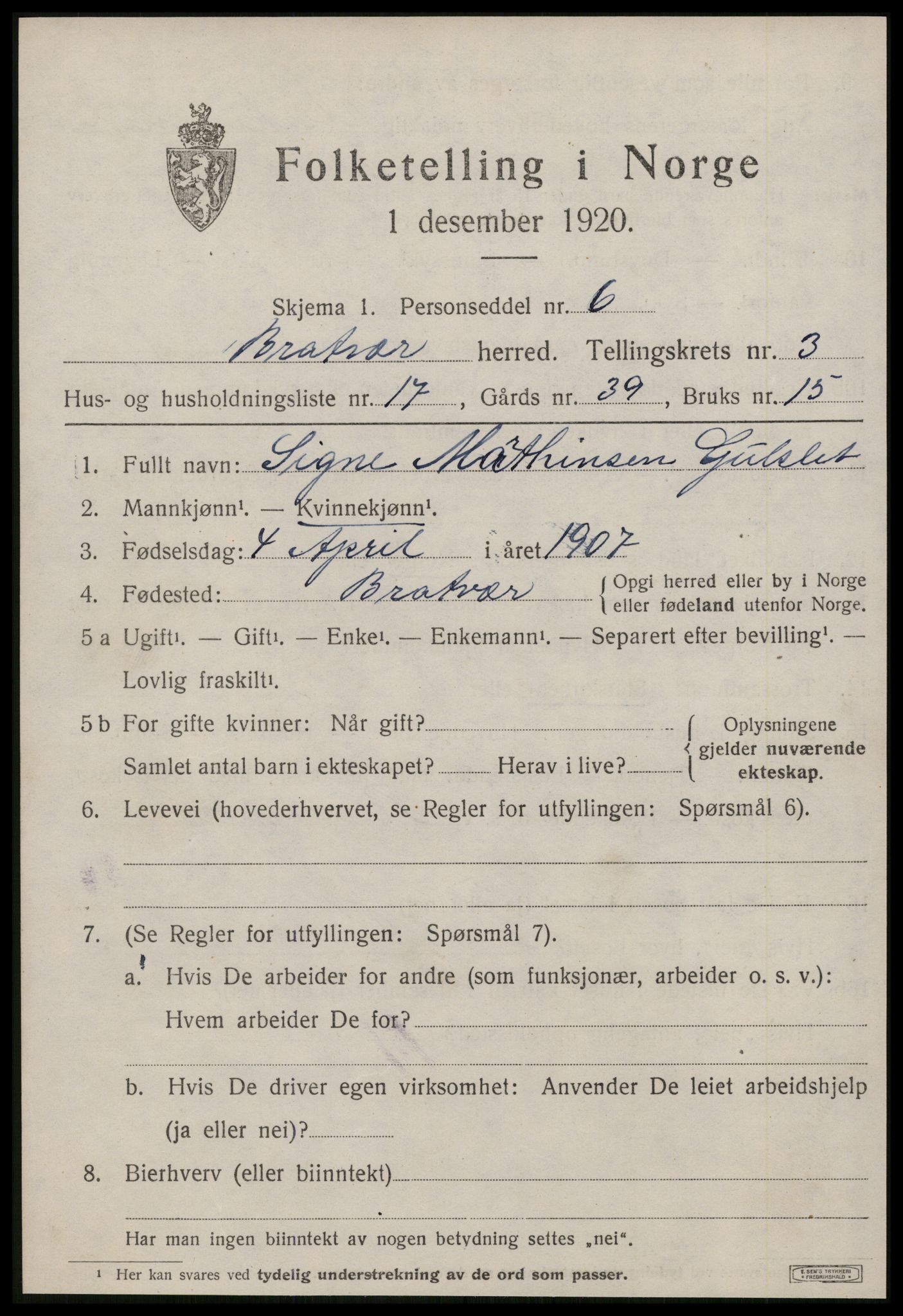 SAT, 1920 census for Brattvær, 1920, p. 1376