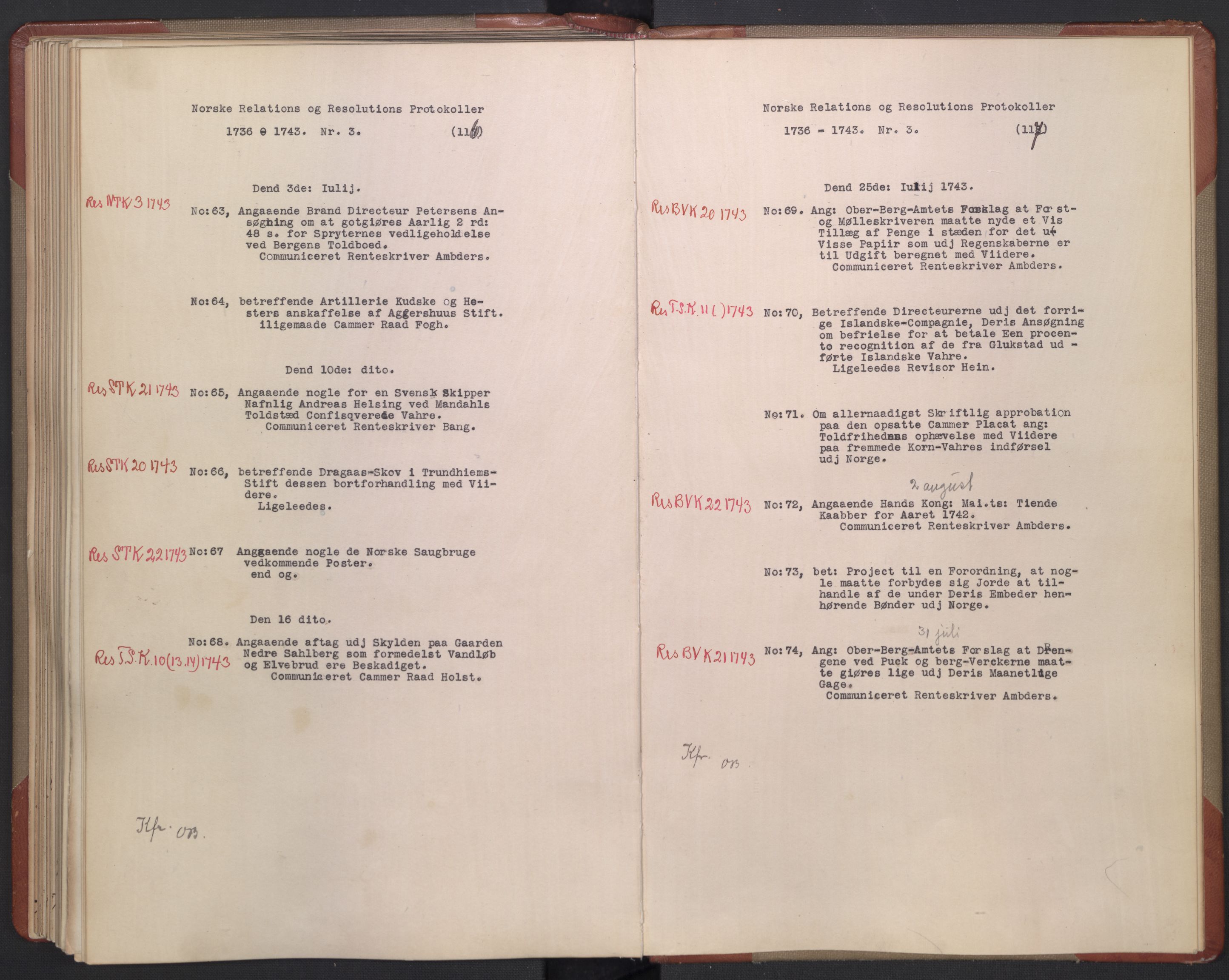 Avskriftsamlingen, AV/RA-EA-4022/F/Fb/L0117: Registratur over norske Relasjons- og  resolusjonsprotokoller, 1736-1743, p. 85