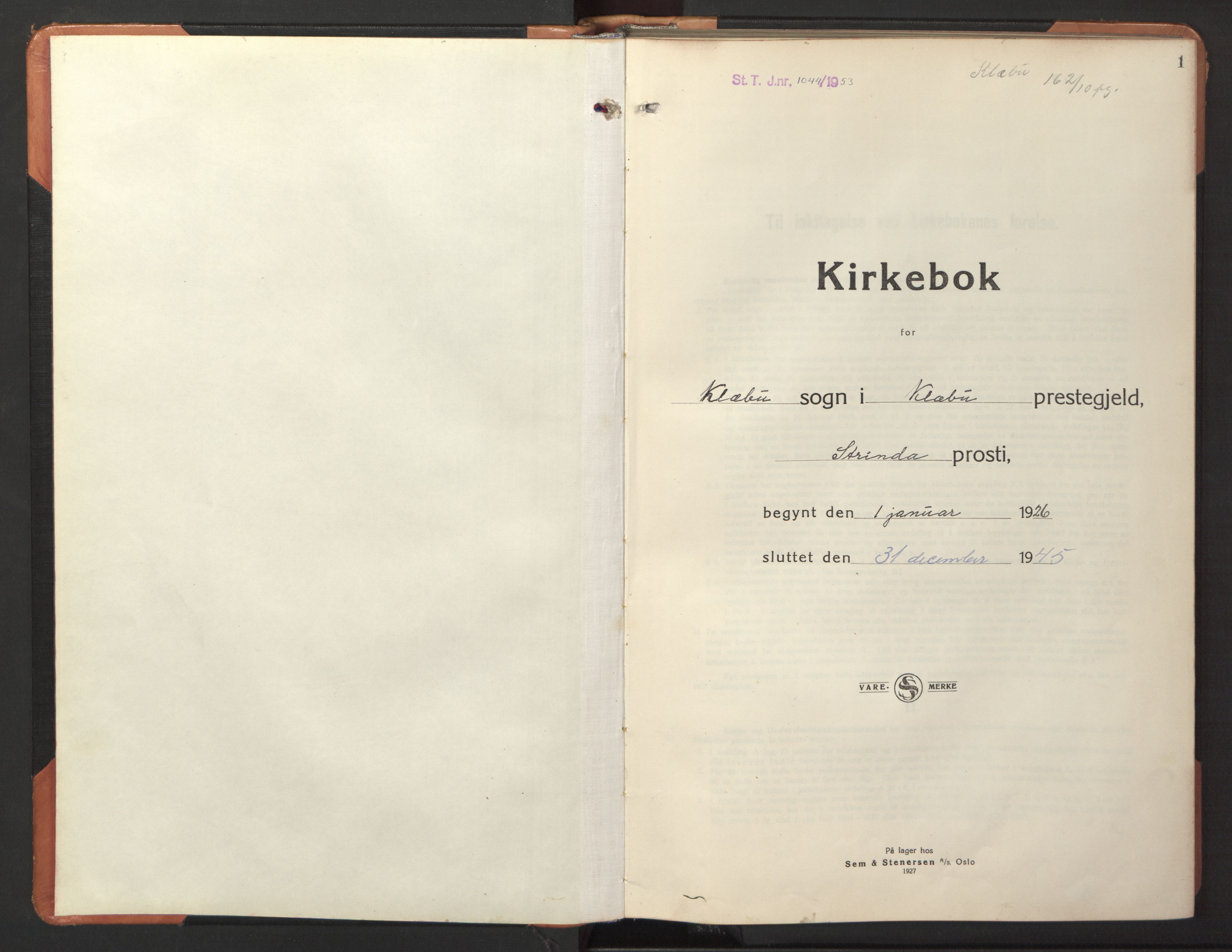 Ministerialprotokoller, klokkerbøker og fødselsregistre - Sør-Trøndelag, SAT/A-1456/618/L0454: Parish register (copy) no. 618C05, 1926-1946, p. 1