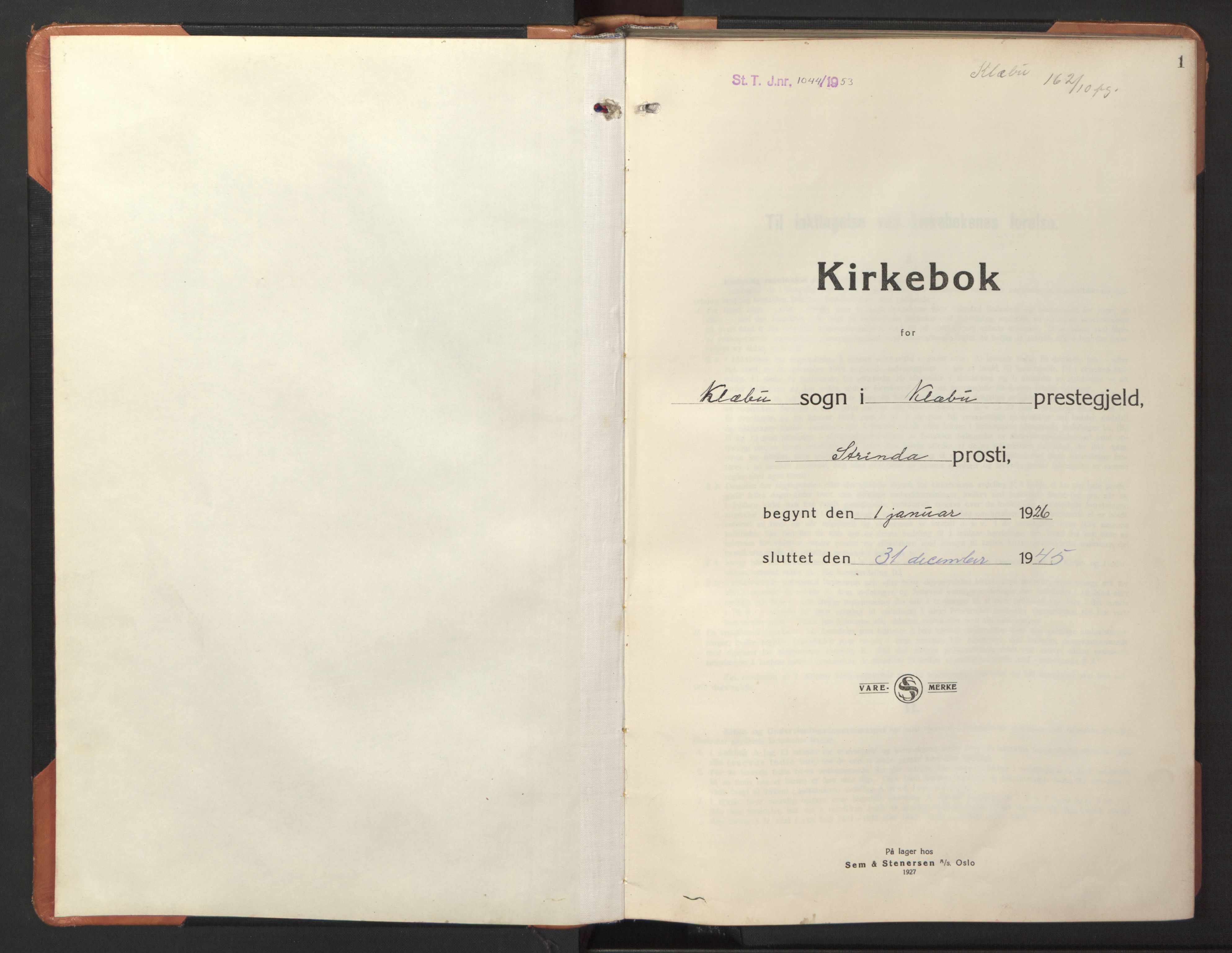 Ministerialprotokoller, klokkerbøker og fødselsregistre - Sør-Trøndelag, AV/SAT-A-1456/618/L0454: Parish register (copy) no. 618C05, 1926-1946, p. 1