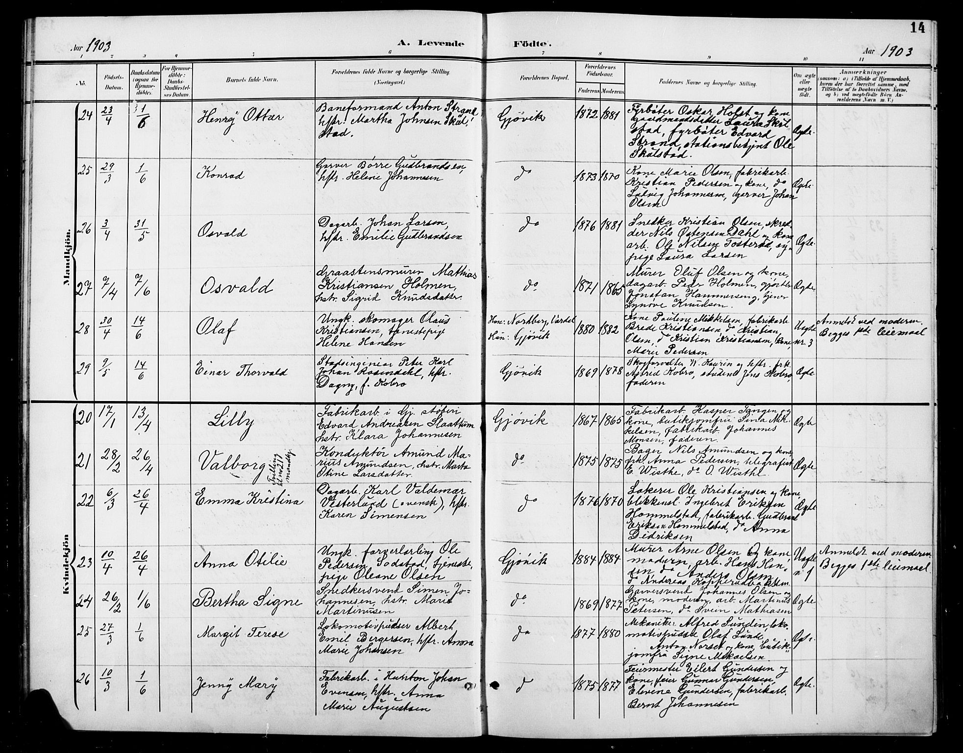 Vardal prestekontor, AV/SAH-PREST-100/H/Ha/Hab/L0012: Parish register (copy) no. 12, 1902-1911, p. 14