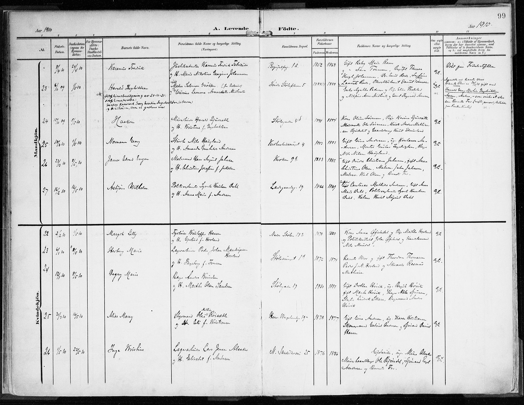 Mariakirken Sokneprestembete, AV/SAB-A-76901/H/Haa/L0010: Parish register (official) no. B 1, 1901-1915, p. 99