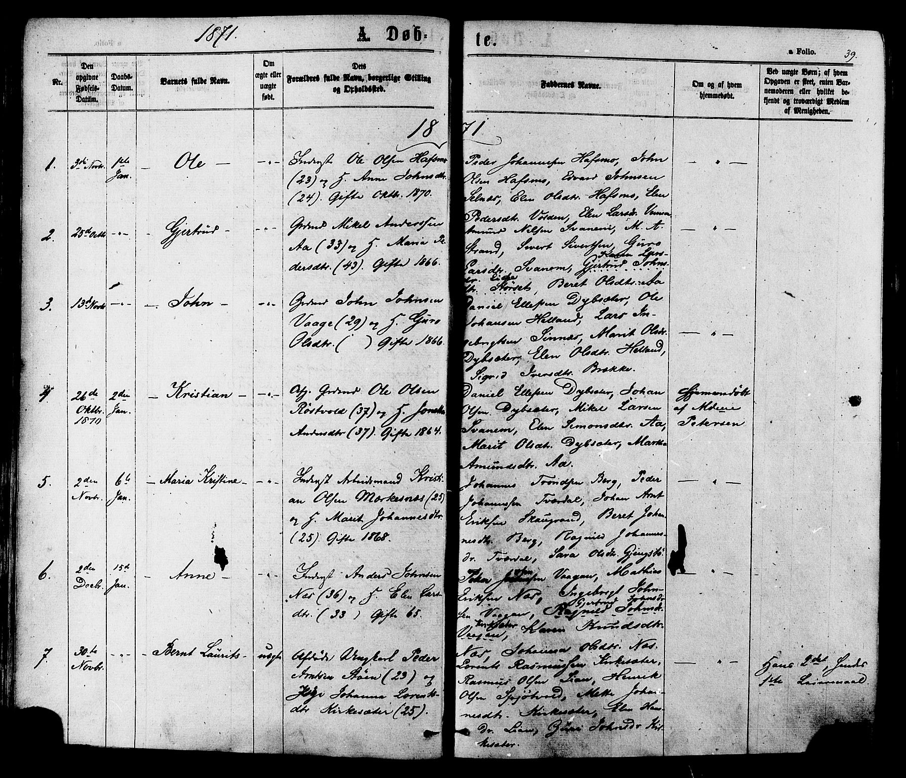 Ministerialprotokoller, klokkerbøker og fødselsregistre - Sør-Trøndelag, SAT/A-1456/630/L0495: Parish register (official) no. 630A08, 1868-1878, p. 39