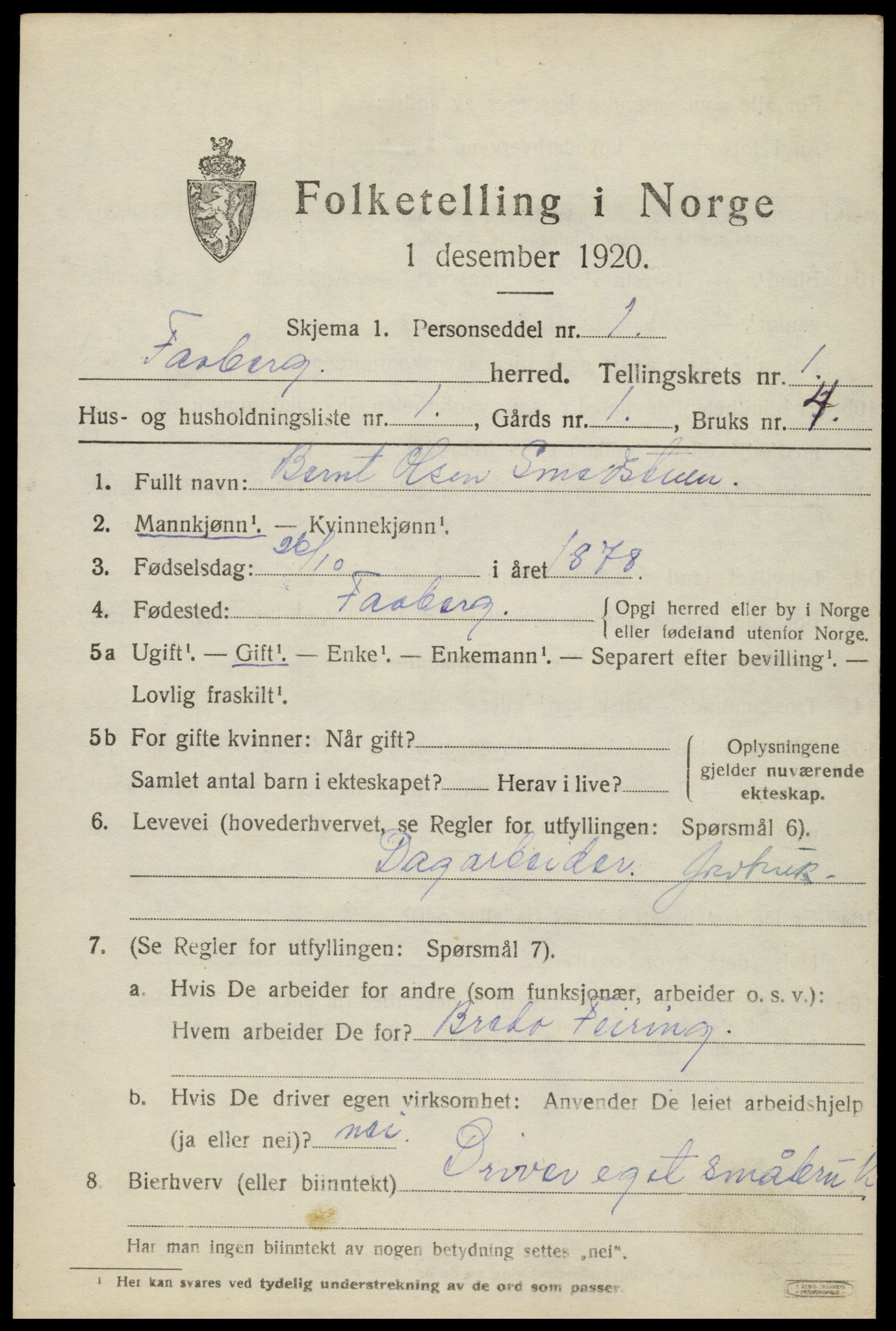 SAH, 1920 census for Fåberg, 1920, p. 2236