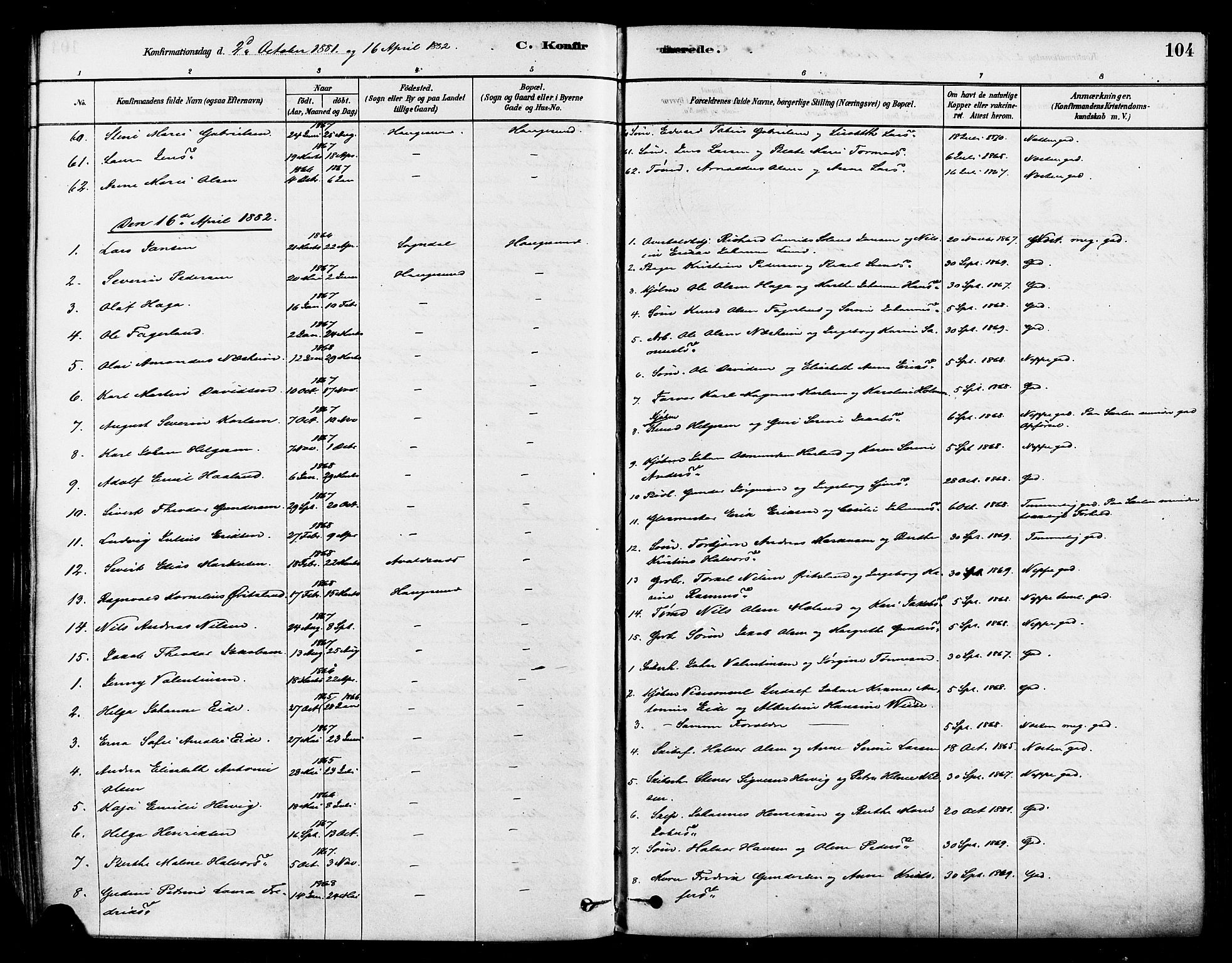 Haugesund sokneprestkontor, AV/SAST-A -101863/H/Ha/Haa/L0001: Parish register (official) no. A 1, 1878-1885, p. 104