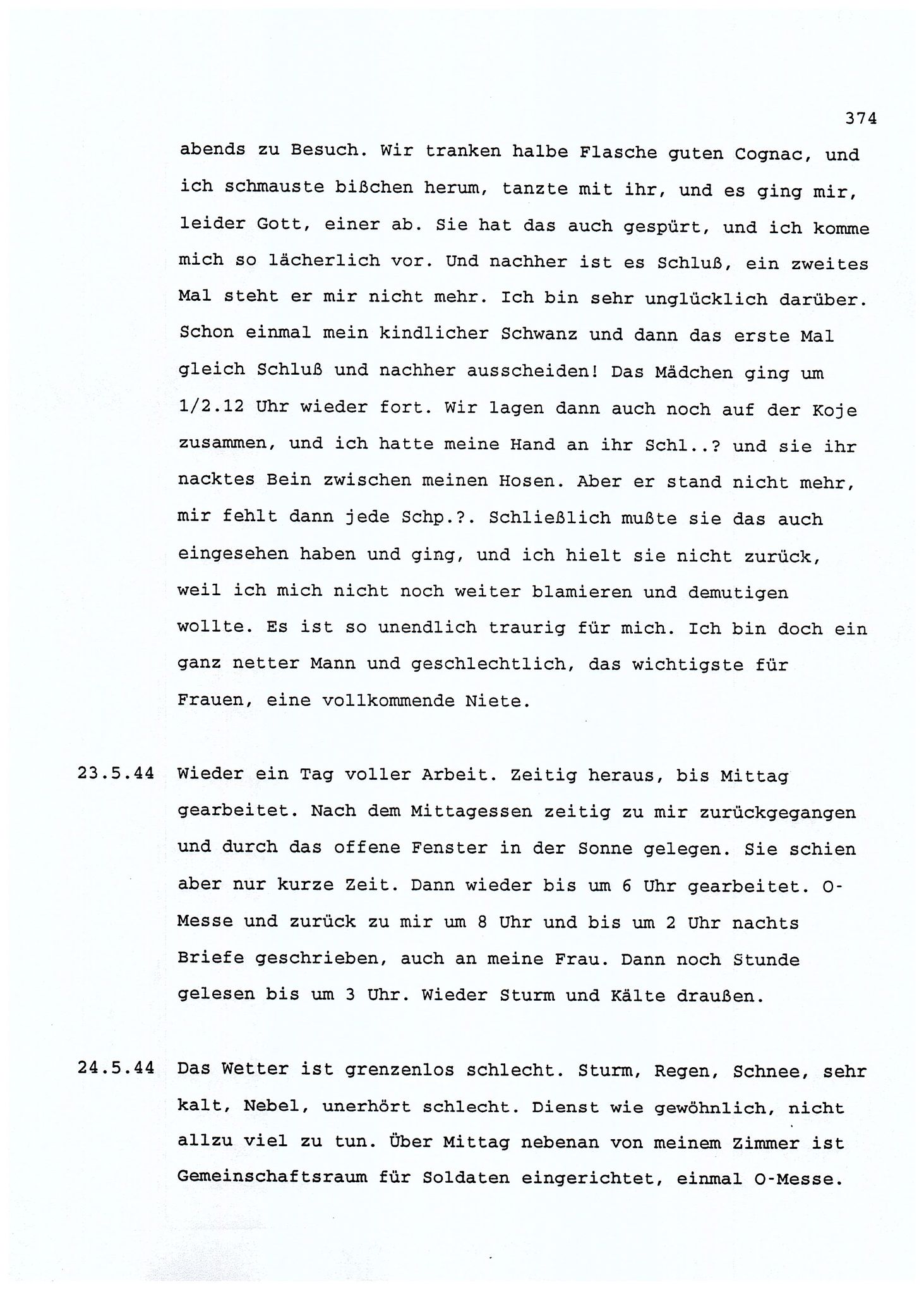 Dagbokopptegnelser av en tysk marineoffiser stasjonert i Norge , FMFB/A-1160/F/L0001: Dagbokopptegnelser av en tysk marineoffiser stasjonert i Norge, 1941-1944, p. 374