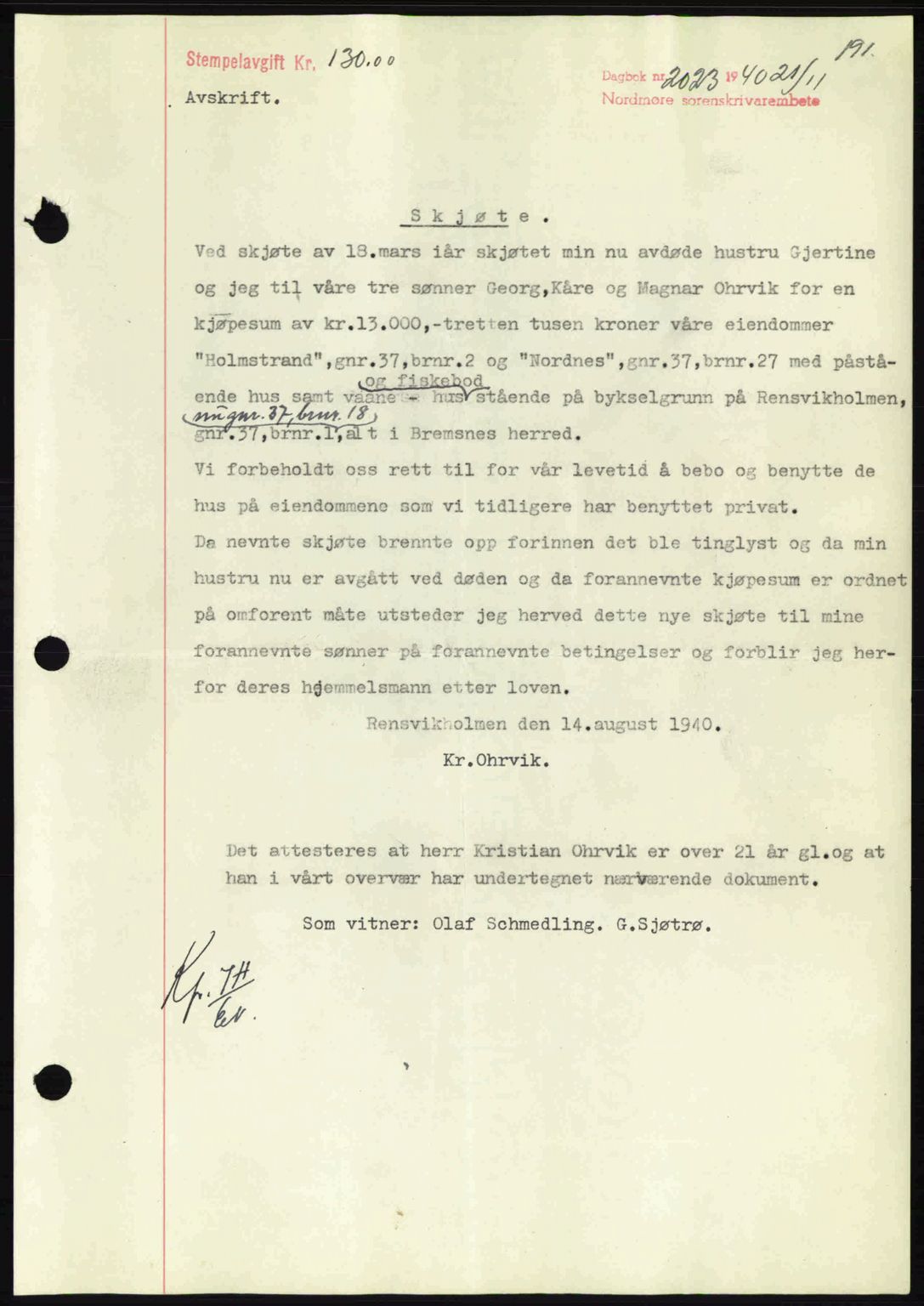 Nordmøre sorenskriveri, SAT/A-4132/1/2/2Ca: Mortgage book no. A89, 1940-1941, Diary no: : 2023/1940