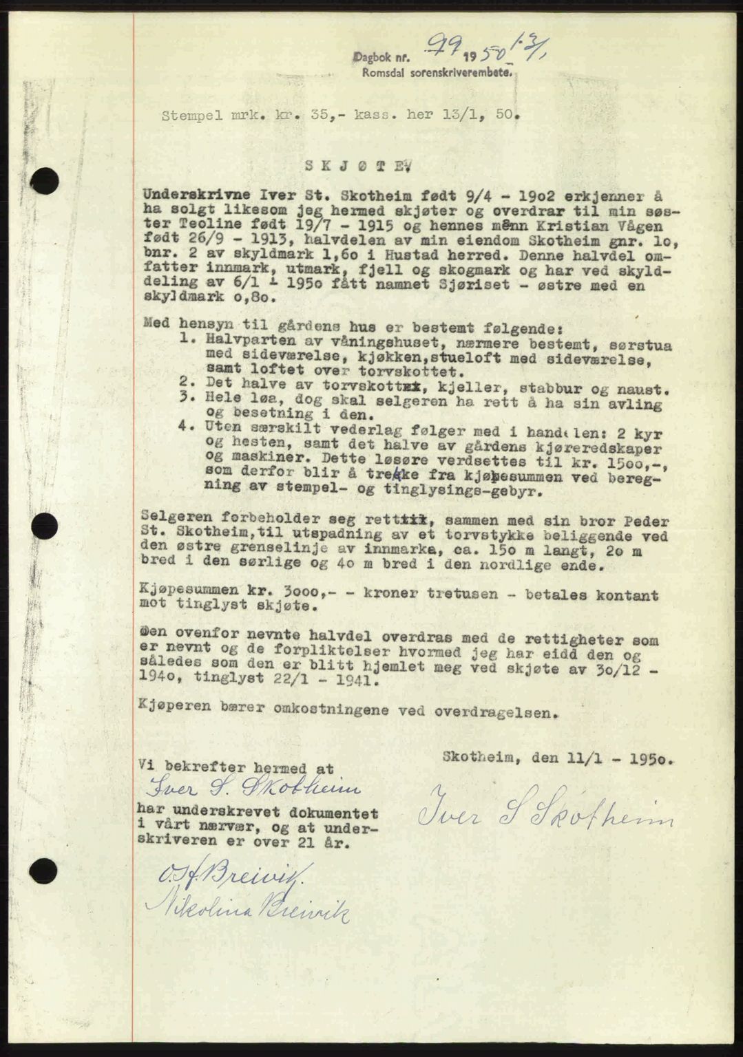 Romsdal sorenskriveri, AV/SAT-A-4149/1/2/2C: Mortgage book no. A32, 1950-1950, Diary no: : 99/1950