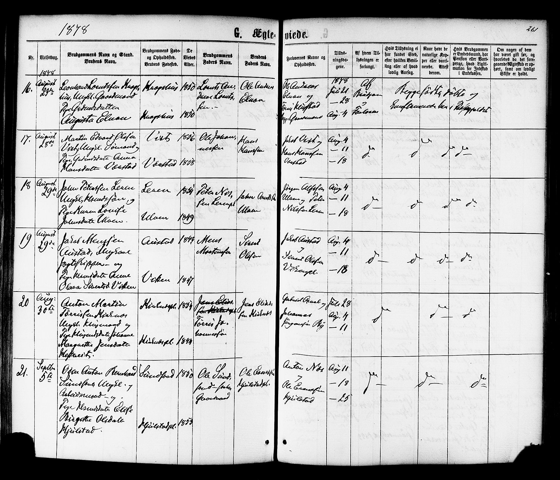 Ministerialprotokoller, klokkerbøker og fødselsregistre - Nord-Trøndelag, SAT/A-1458/730/L0284: Parish register (official) no. 730A09, 1866-1878, p. 261