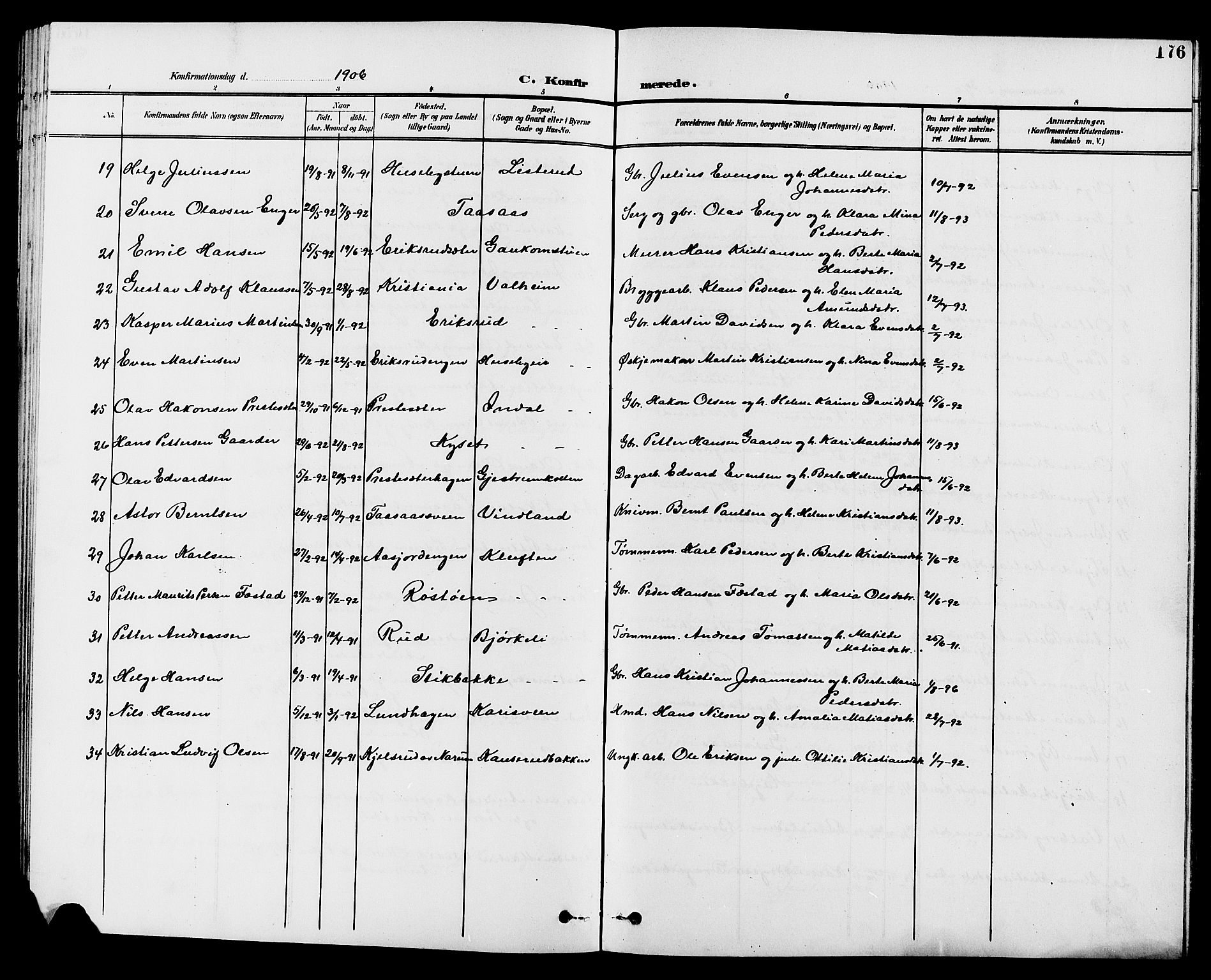 Vestre Toten prestekontor, SAH/PREST-108/H/Ha/Hab/L0010: Parish register (copy) no. 10, 1900-1912, p. 176