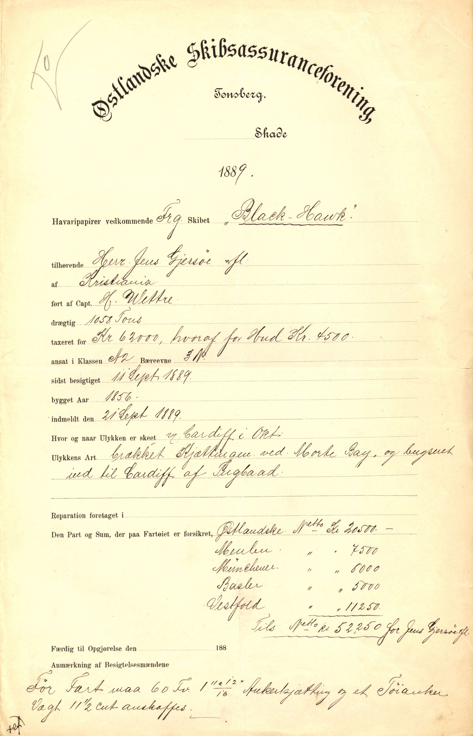 Pa 63 - Østlandske skibsassuranceforening, VEMU/A-1079/G/Ga/L0023/0009: Havaridokumenter / Emil, Black, Hawk, Columbus, Dagny, Askur, Imanuel, 1889, p. 4