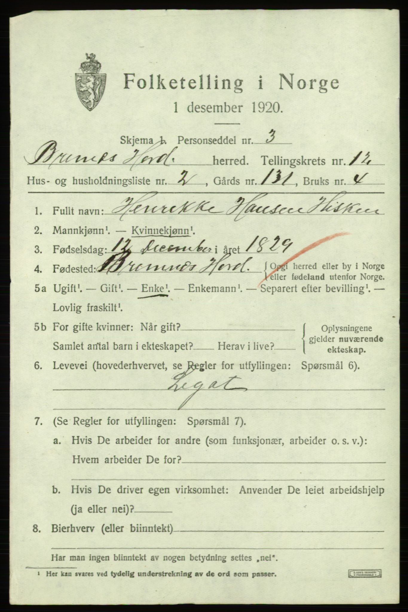 SAB, 1920 census for Bremnes, 1920, p. 7592