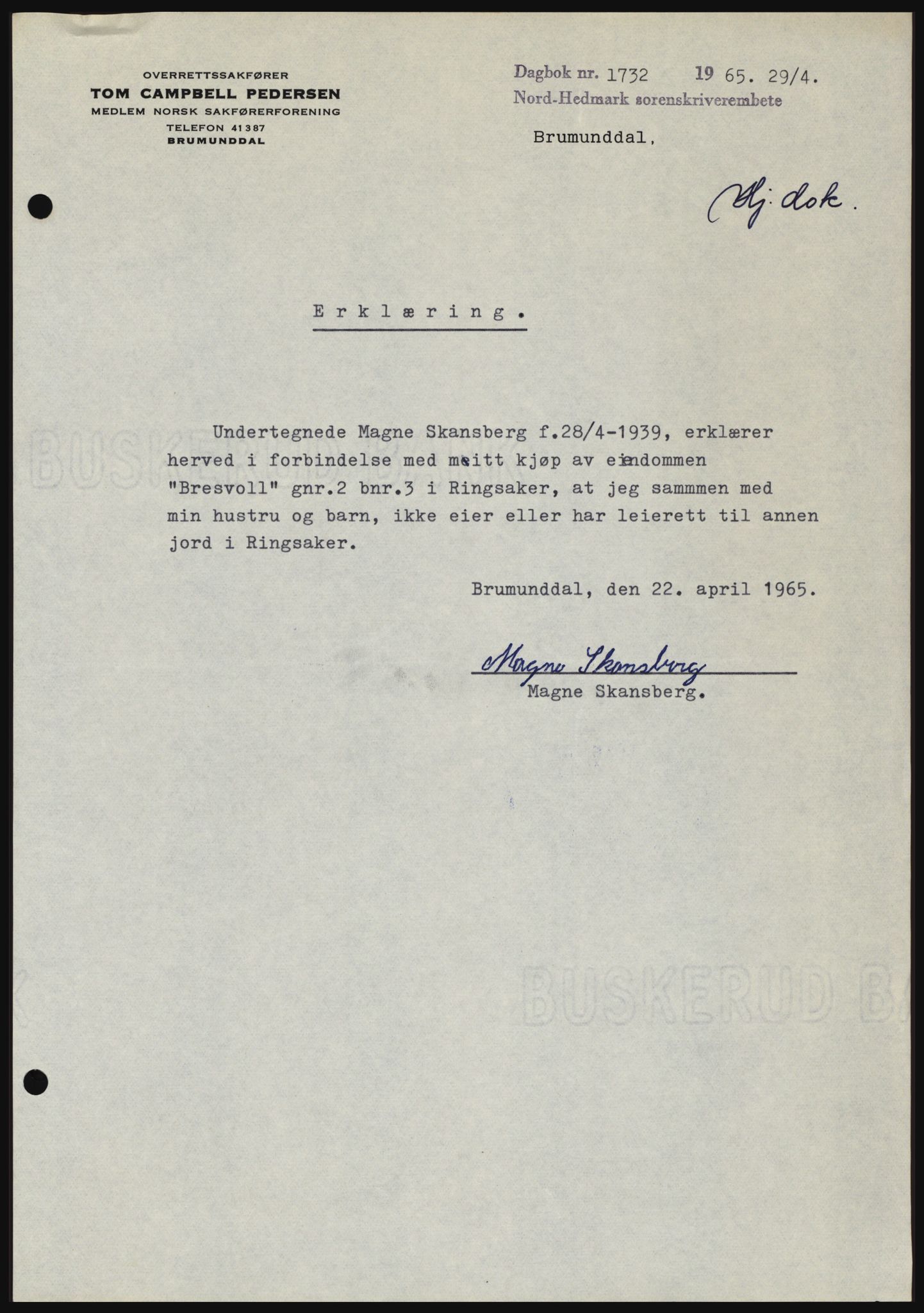Nord-Hedmark sorenskriveri, SAH/TING-012/H/Hc/L0021: Mortgage book no. 21, 1964-1965, Diary no: : 1732/1965