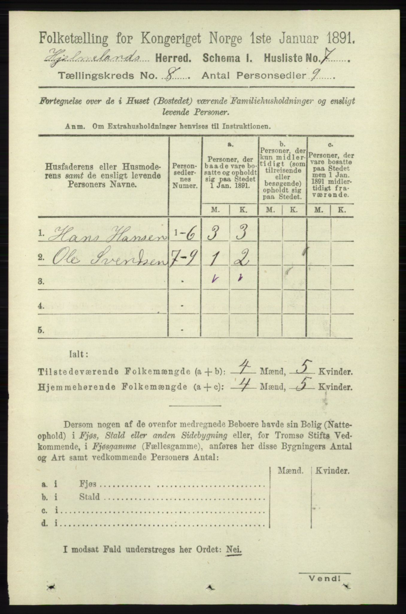 RA, 1891 census for 1133 Hjelmeland, 1891, p. 2417