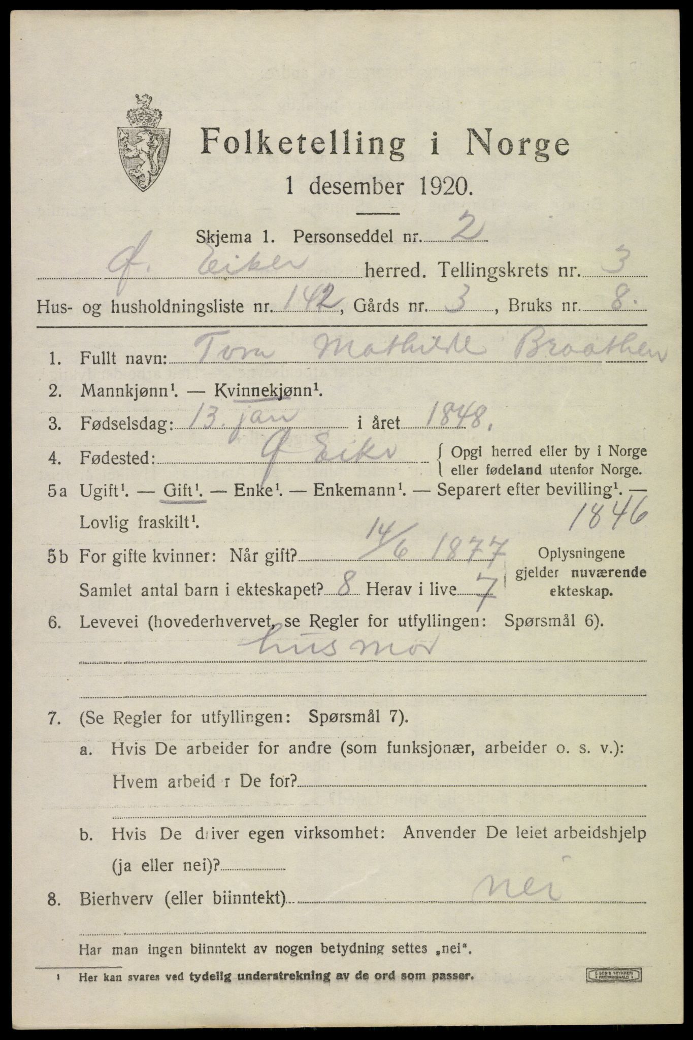 SAKO, 1920 census for Øvre Eiker, 1920, p. 9580