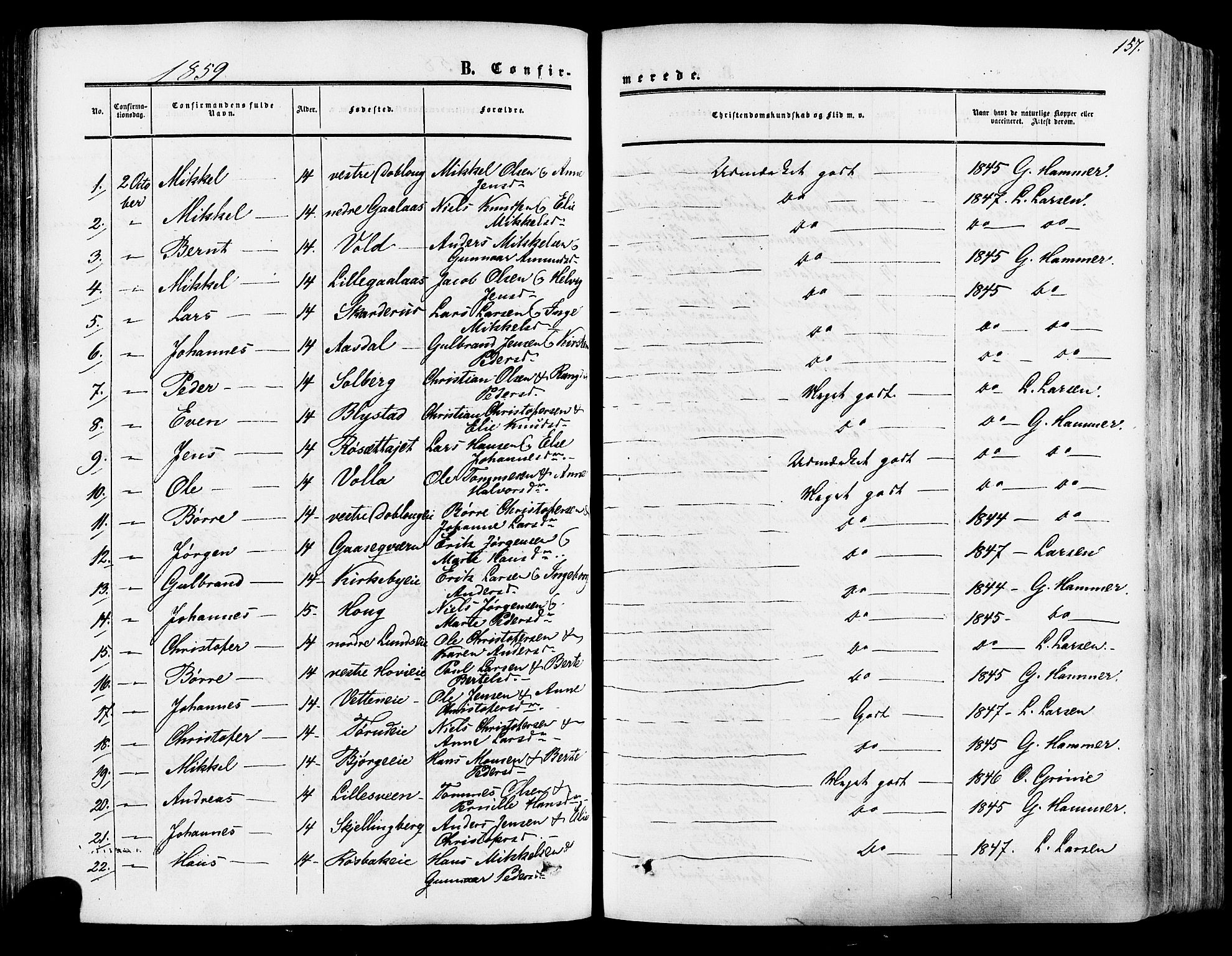 Vang prestekontor, Hedmark, SAH/PREST-008/H/Ha/Haa/L0013: Parish register (official) no. 13, 1855-1879, p. 157