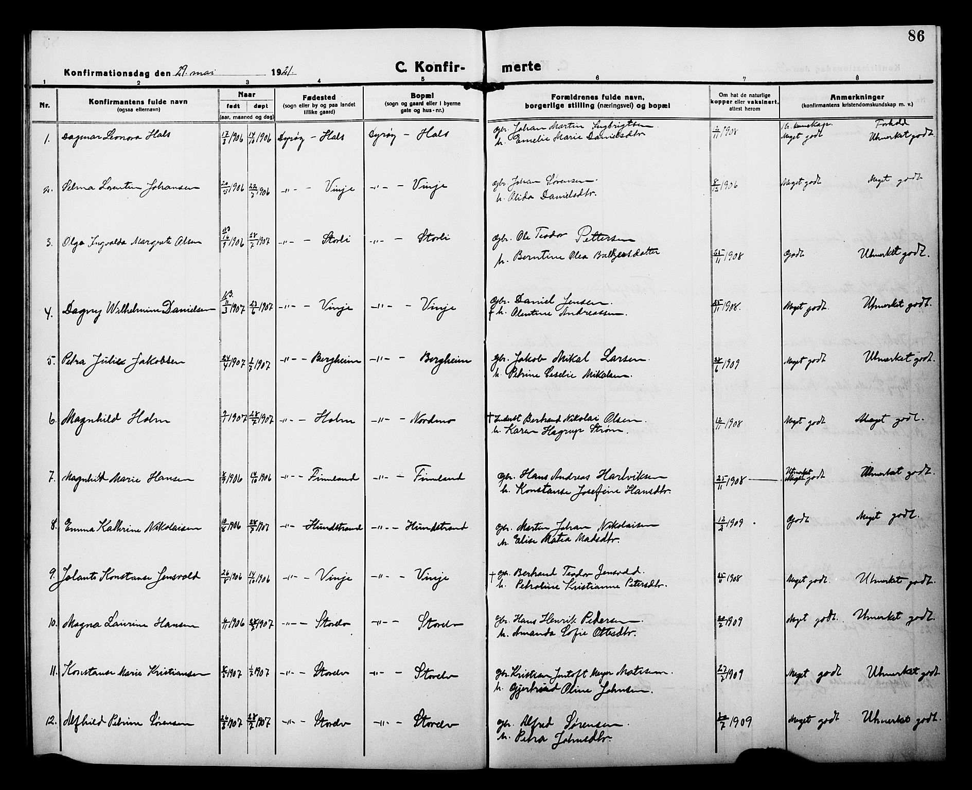 Tranøy sokneprestkontor, AV/SATØ-S-1313/I/Ia/Iab/L0015klokker: Parish register (copy) no. 15, 1918-1930, p. 86