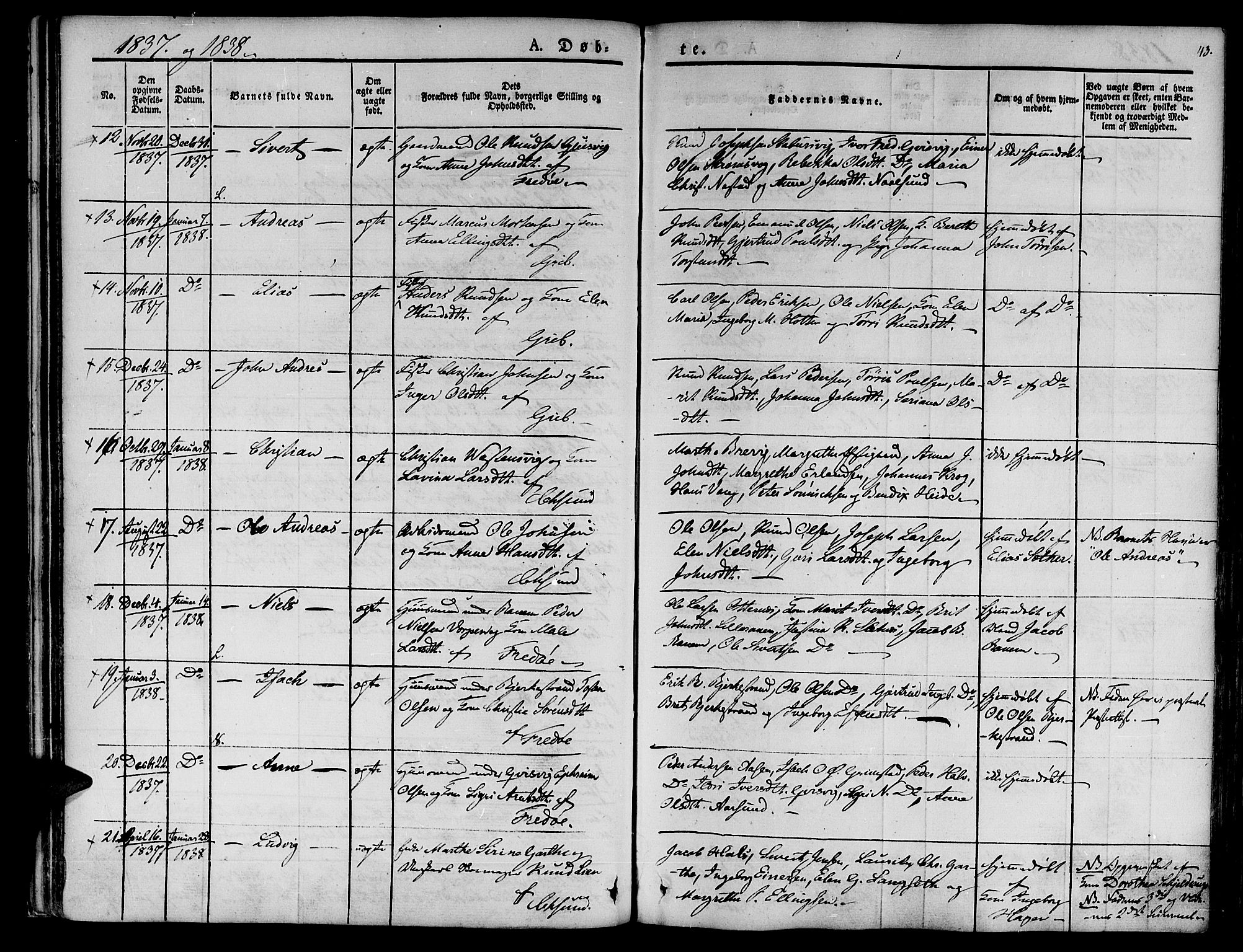 Ministerialprotokoller, klokkerbøker og fødselsregistre - Møre og Romsdal, SAT/A-1454/572/L0843: Parish register (official) no. 572A06, 1832-1842, p. 43