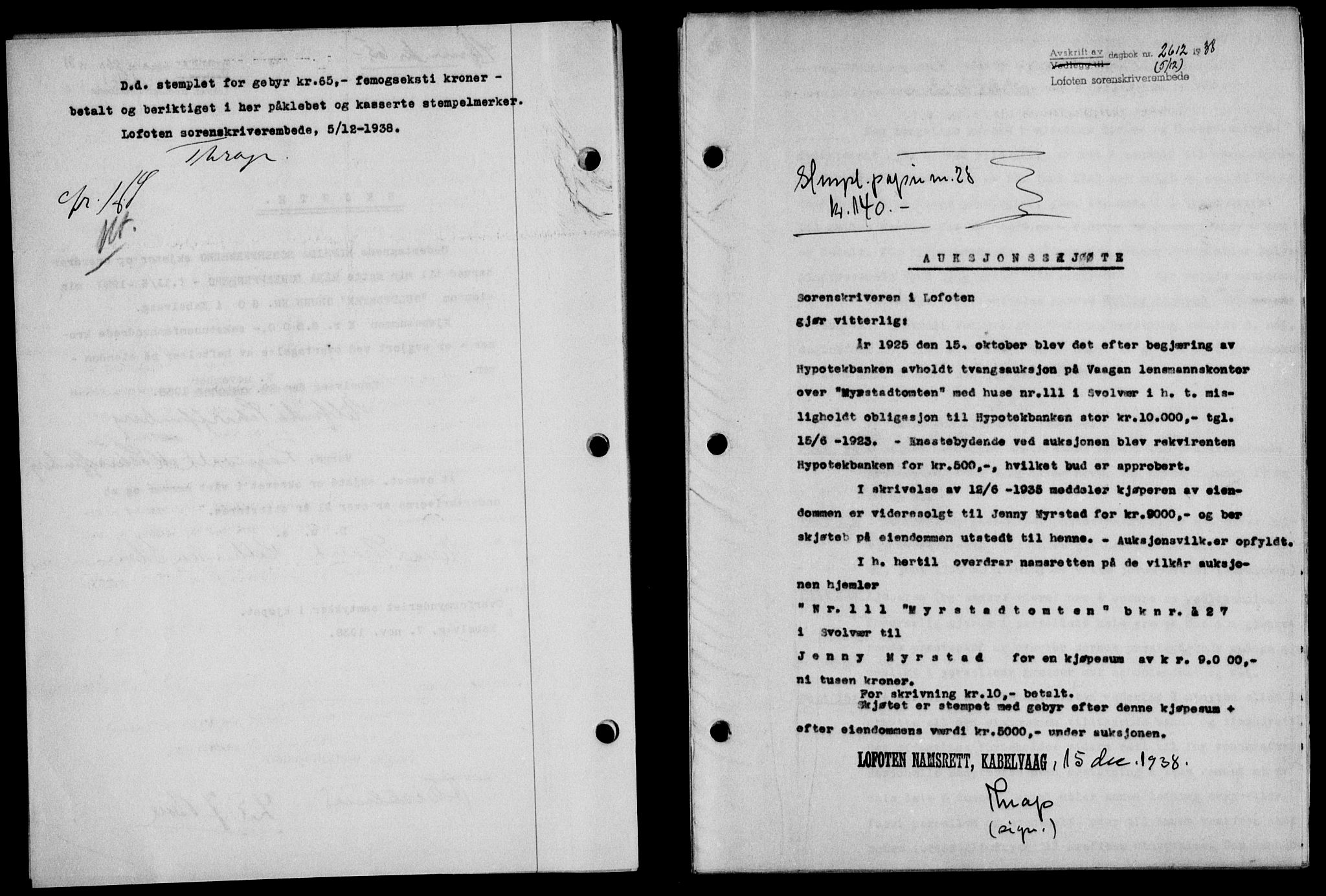 Lofoten sorenskriveri, SAT/A-0017/1/2/2C/L0005a: Mortgage book no. 5a, 1939-1939, Diary no: : 2612/1938