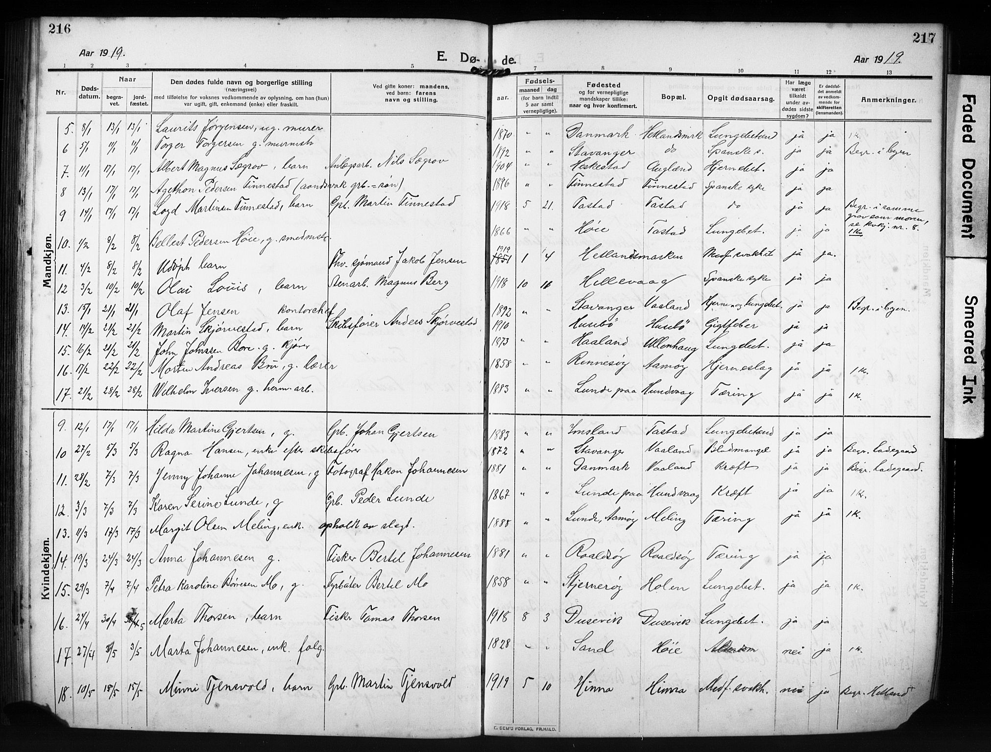 Hetland sokneprestkontor, AV/SAST-A-101826/30/30BB/L0009: Parish register (copy) no. B 9, 1910-1931, p. 216-217