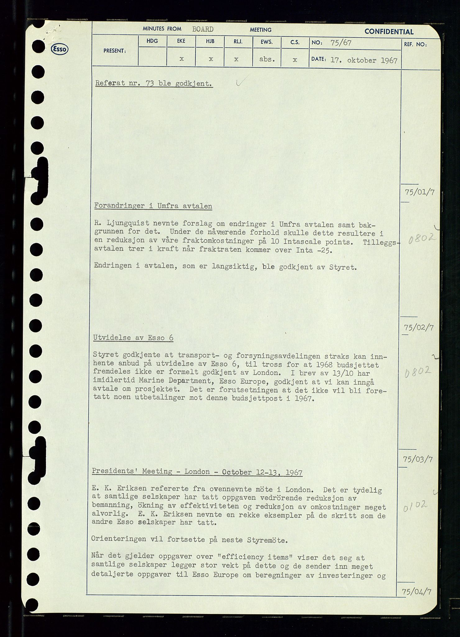 Pa 0982 - Esso Norge A/S, AV/SAST-A-100448/A/Aa/L0002/0003: Den administrerende direksjon Board minutes (styrereferater) / Den administrerende direksjon Board minutes (styrereferater), 1967, p. 149