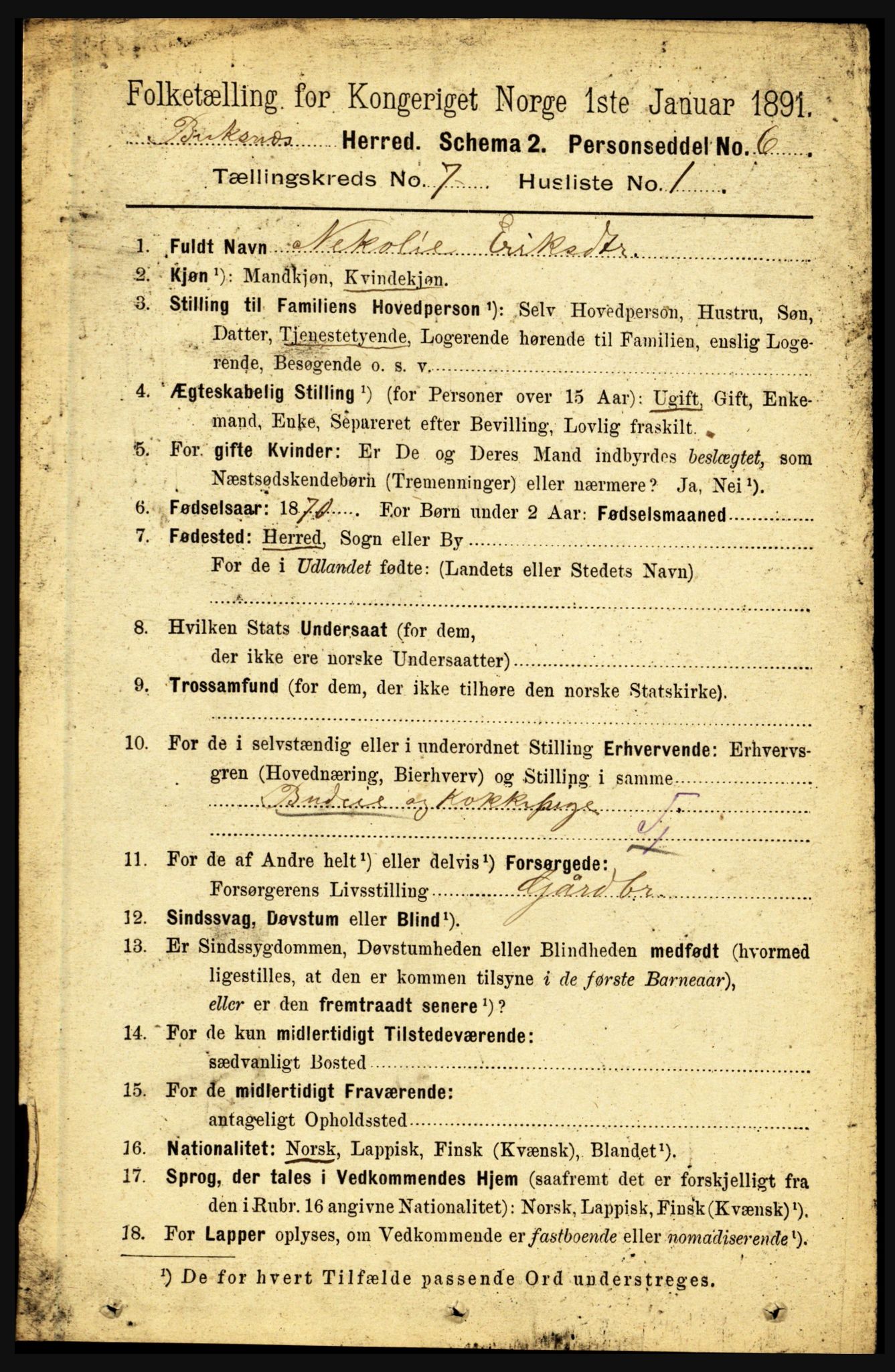 RA, 1891 census for 1860 Buksnes, 1891, p. 4995