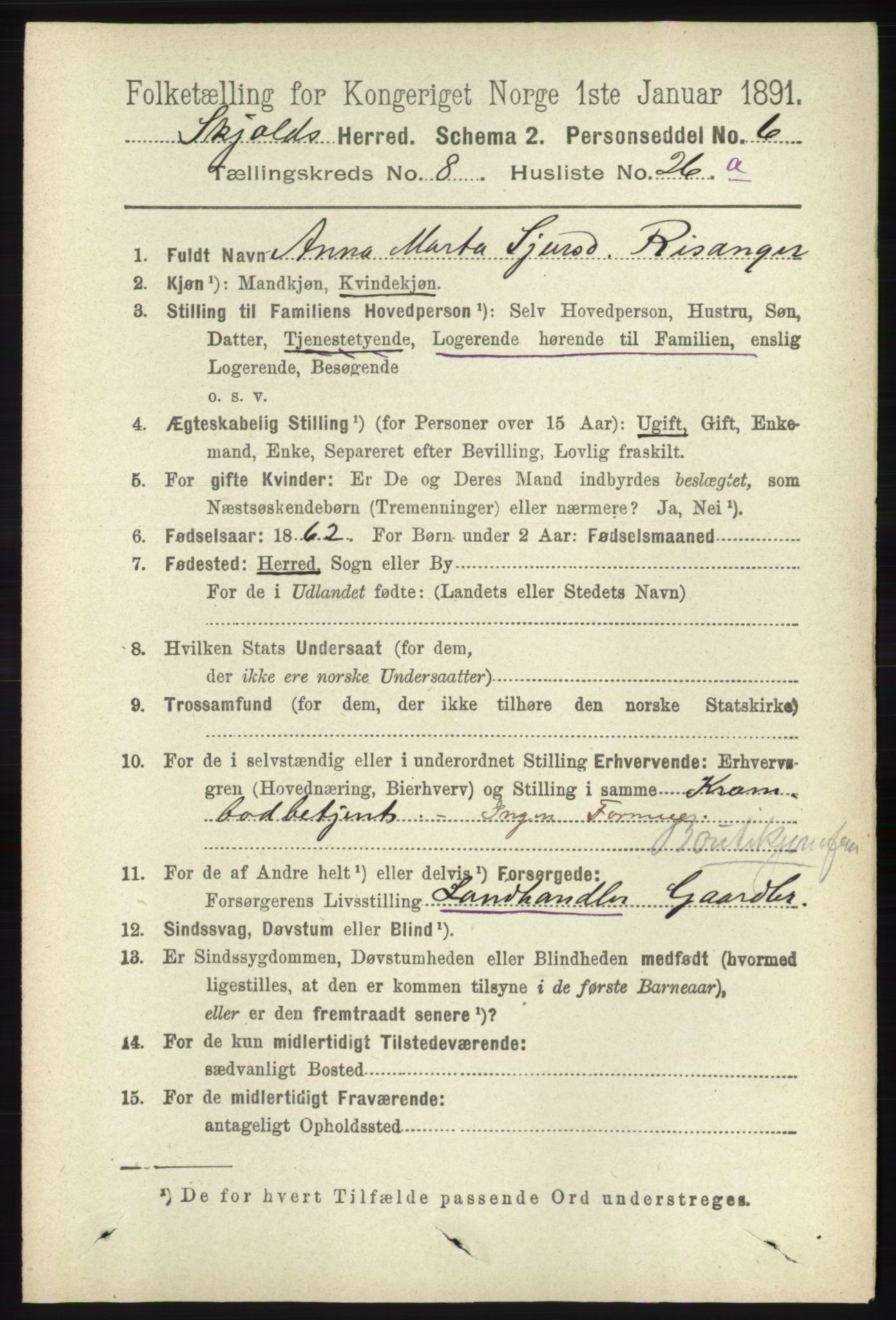 RA, 1891 census for 1154 Skjold, 1891, p. 1741