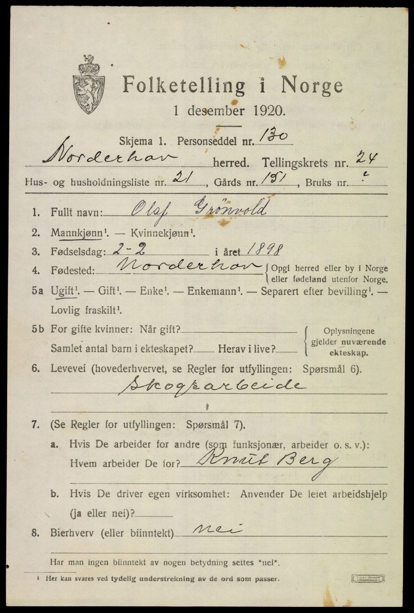 SAKO, 1920 census for Norderhov, 1920, p. 23703