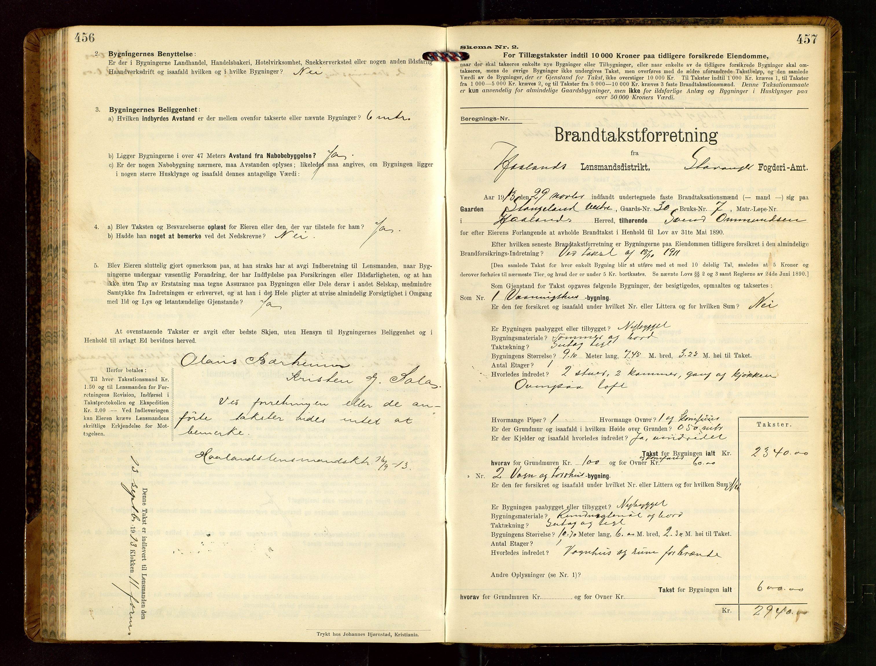 Håland lensmannskontor, AV/SAST-A-100100/Gob/L0004: Branntakstprotokoll - skjematakst. Register i boken., 1913-1915, p. 456-457